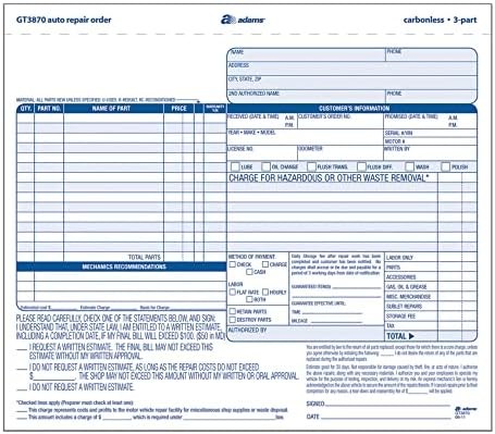 Adams Auto Repair Order Forms, 8.5 x 7.44 Inch, 3-Part, 50-Pack, White/Canary