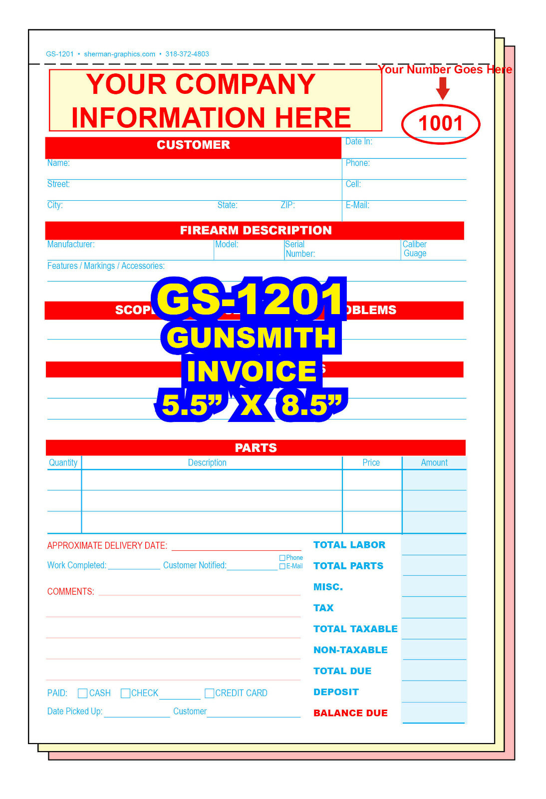 GUNSMITH INVOICE CUSTOM PRINTED IN FULL COLOR 2 or 3 Part Carbonless Forms