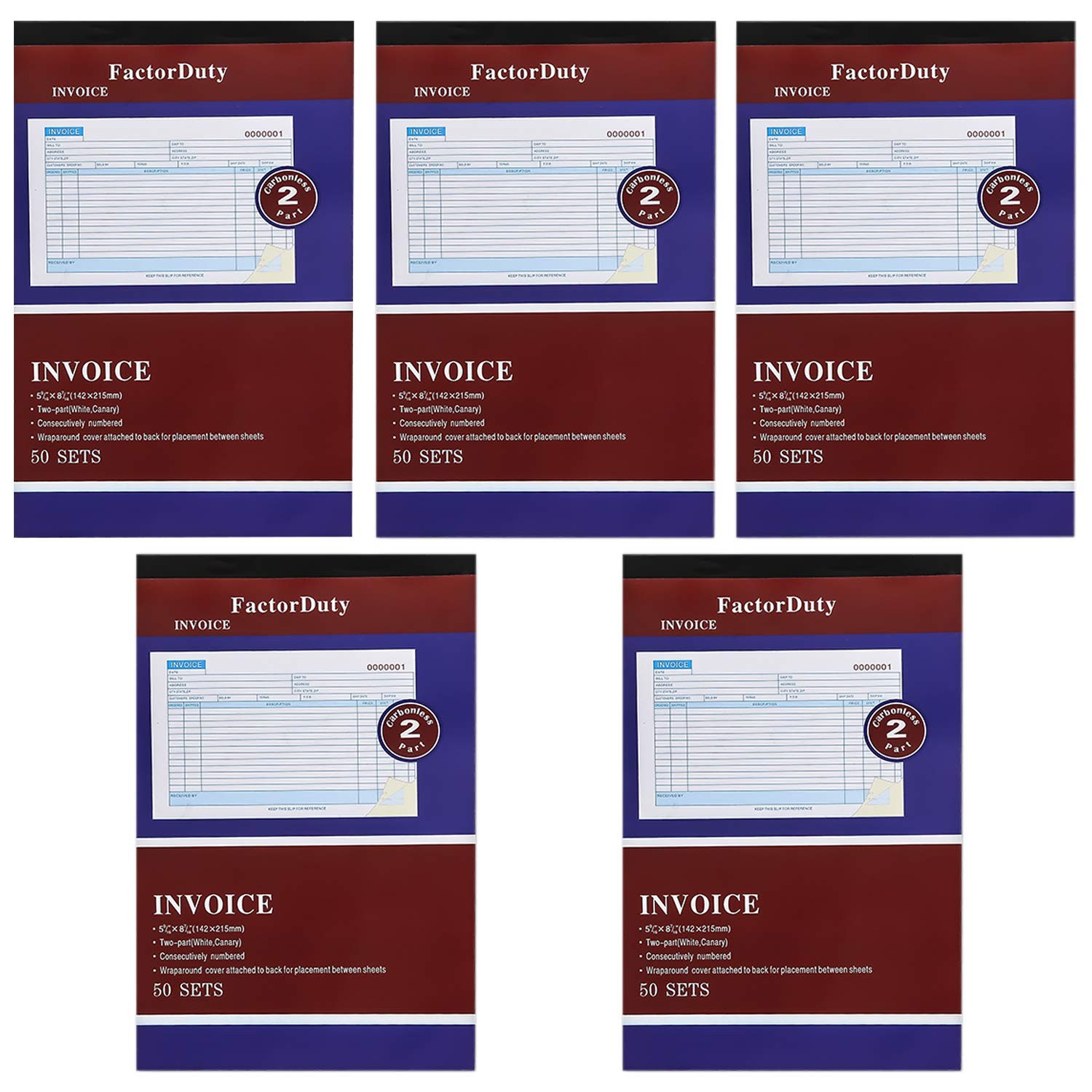 5 Pack Large Sales Order Book Receipt Invoice Duplicate Carbonless Horizontal