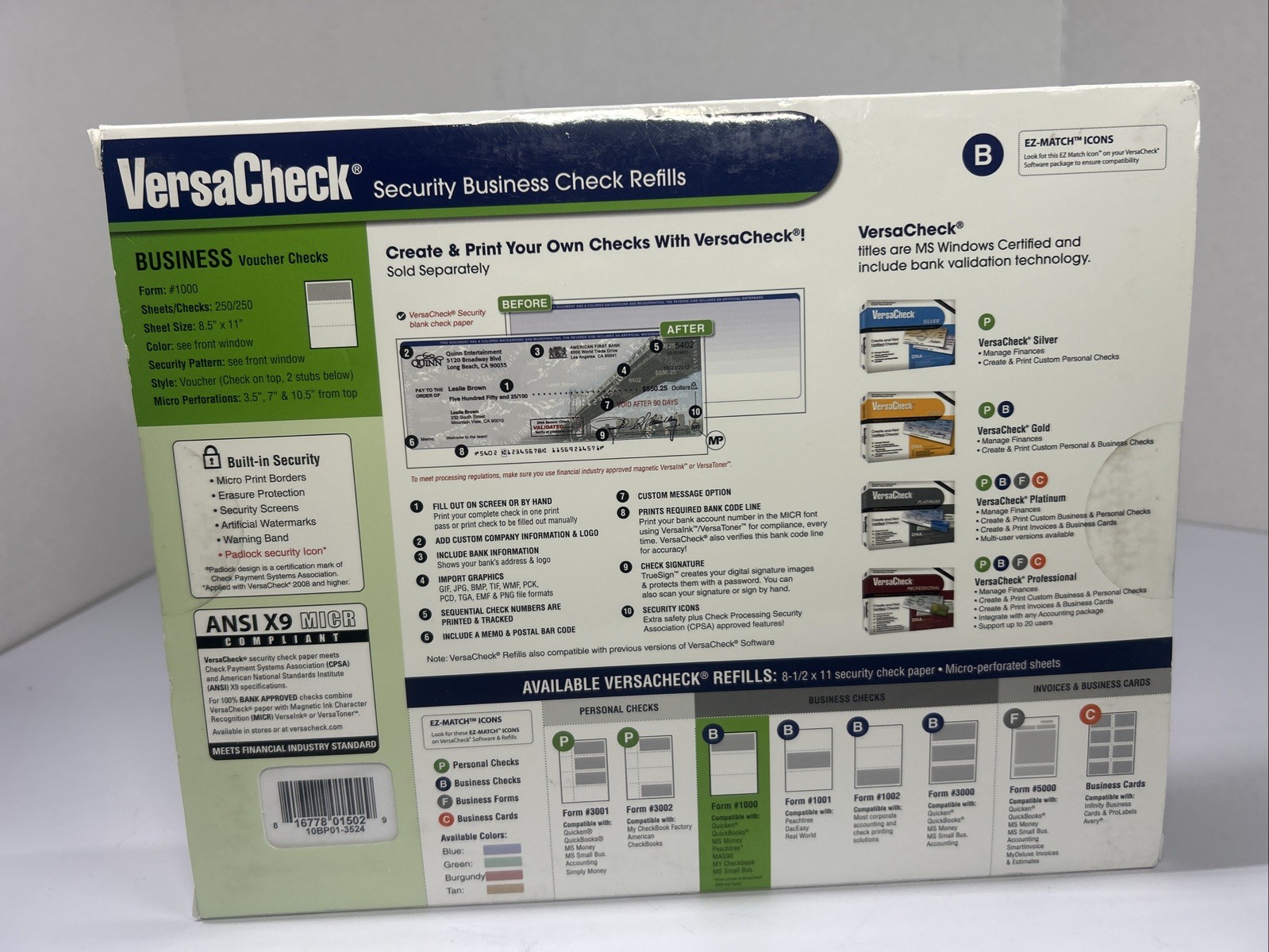 VersaCheck UV Security Business Check Refills: Form #1000, Checks 250 Blue