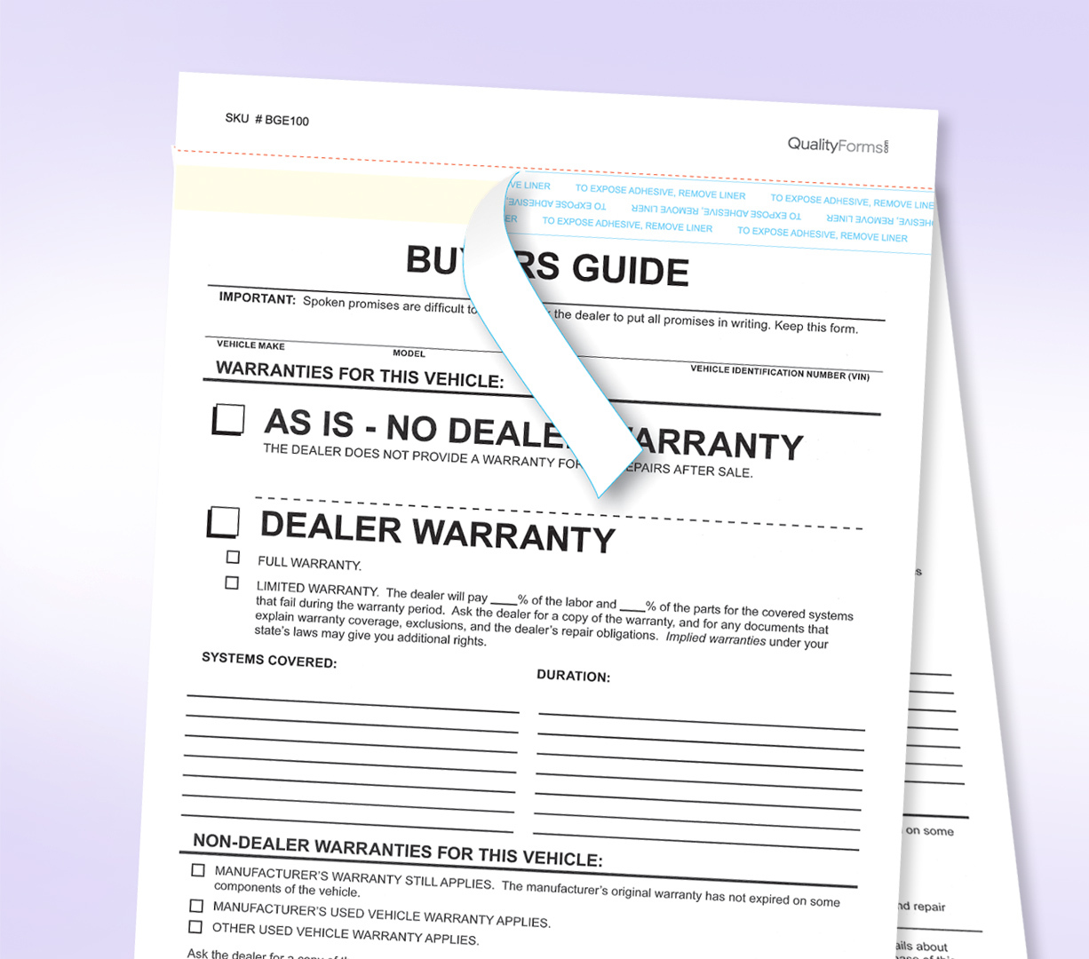 2-Part Federal Buyers Guide Waranty Form, Adhesive Tape, English – 200 pack