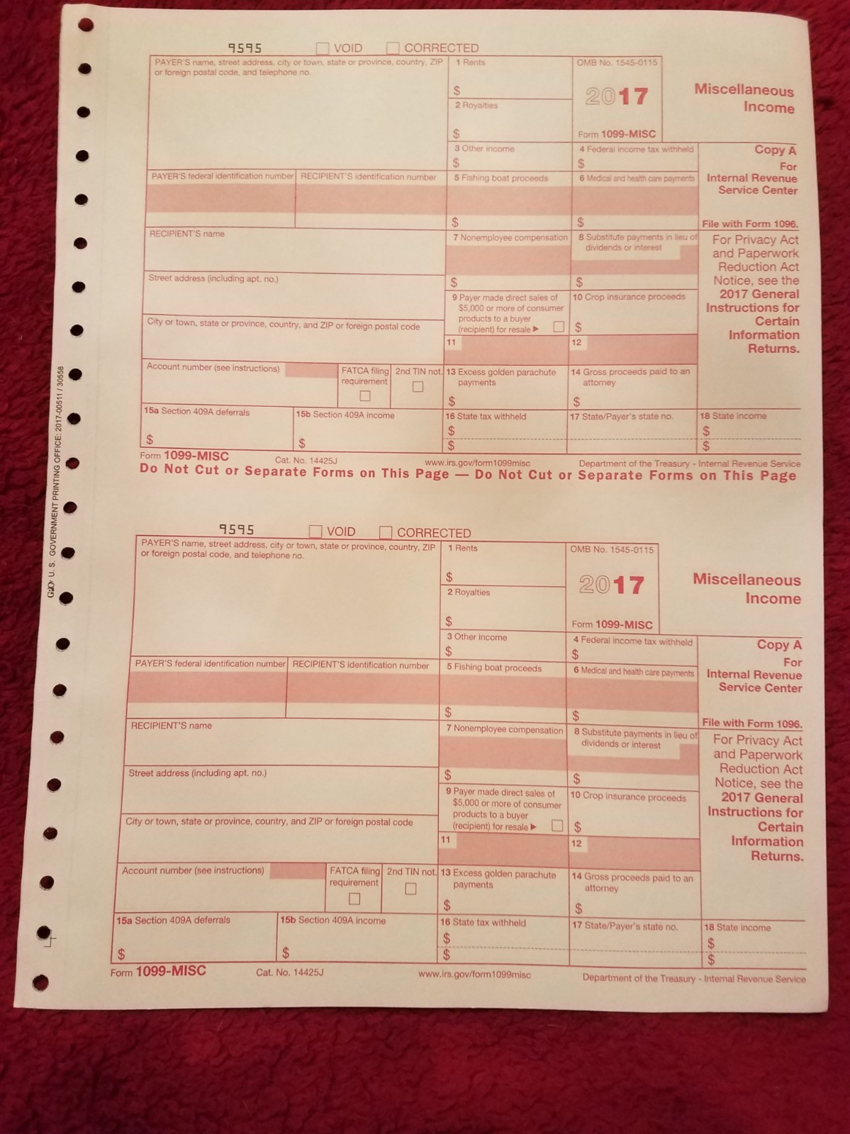 2017 IRS 1099-MISC Forms (for 2 recipients)-For Prior Year’s Tax Filing Season