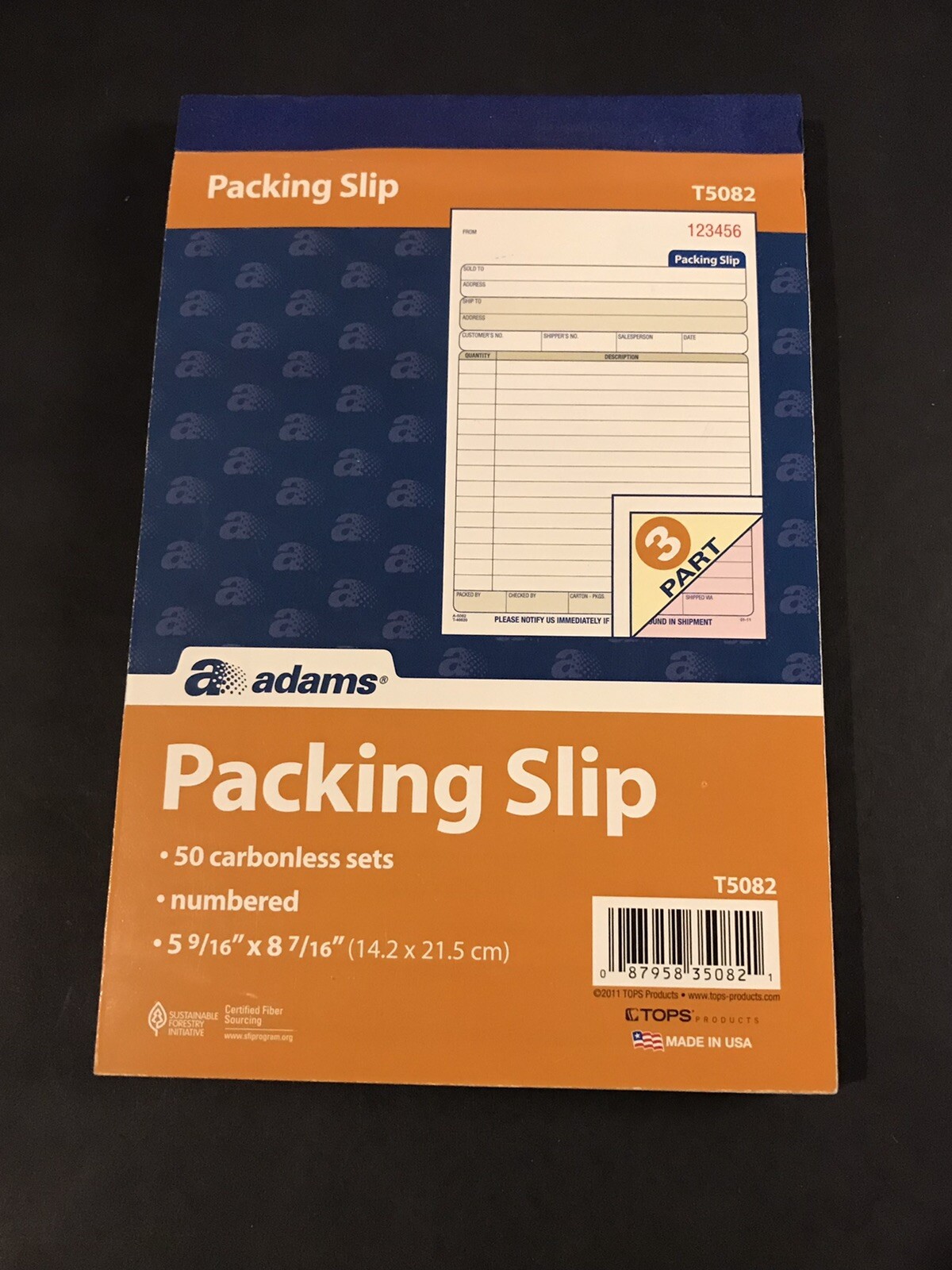 Adams Packing Slip Book 3-Part 50 Carbonless Sets 5.9/16” x 7-5/16” Numbered