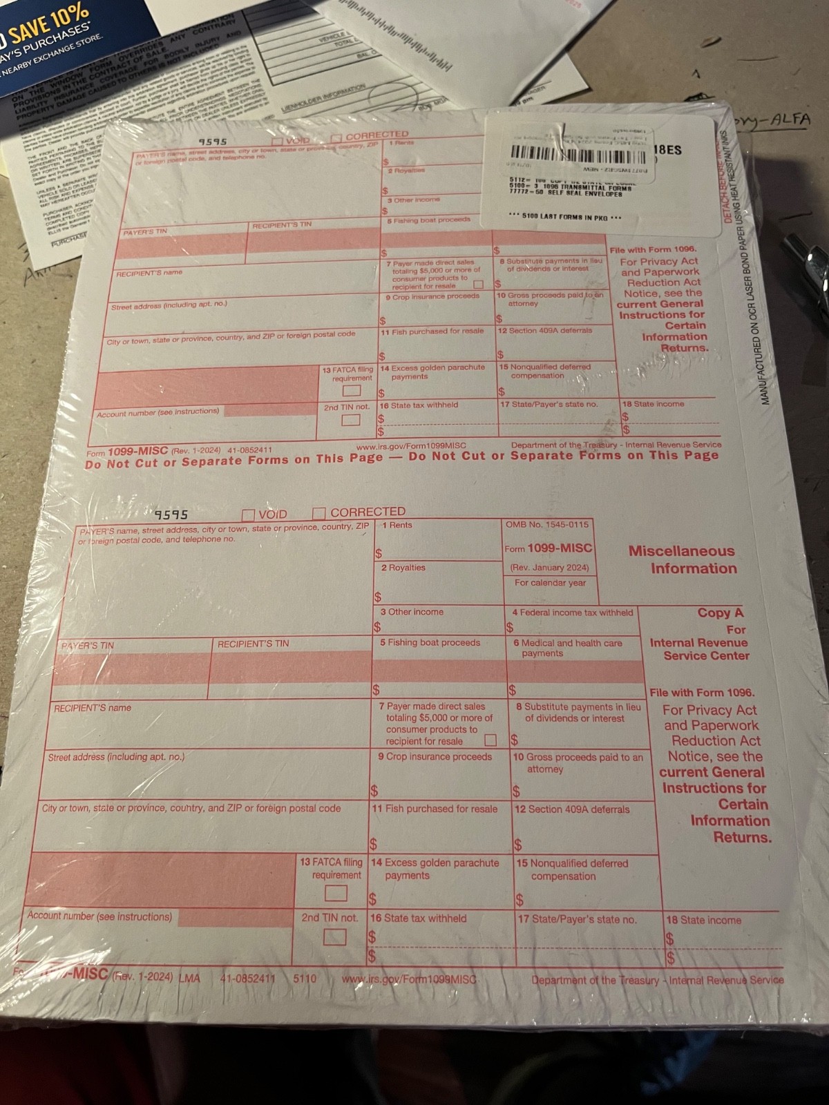 1099 MISC Forms2024, 4 Part, Envelopes (New)