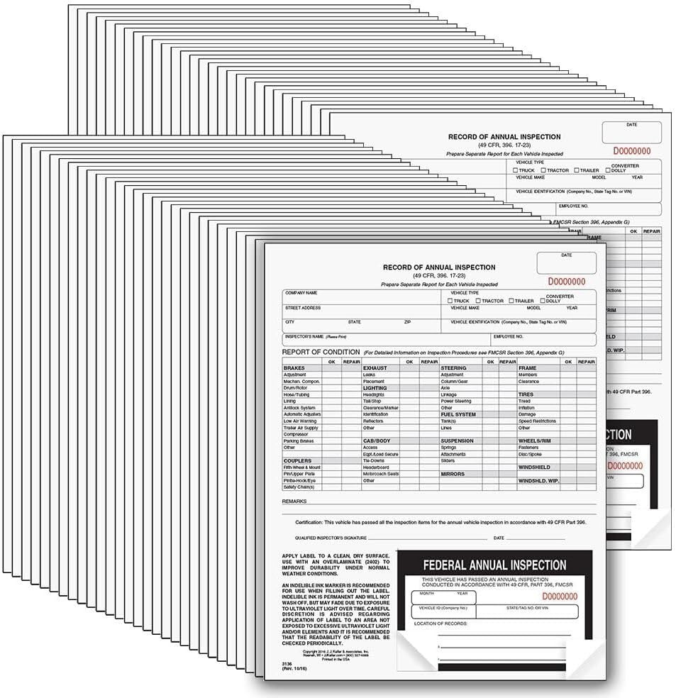 J. J. Keller 50-Pack, Record of Annual Inspection Form with Inspection Label, 2-