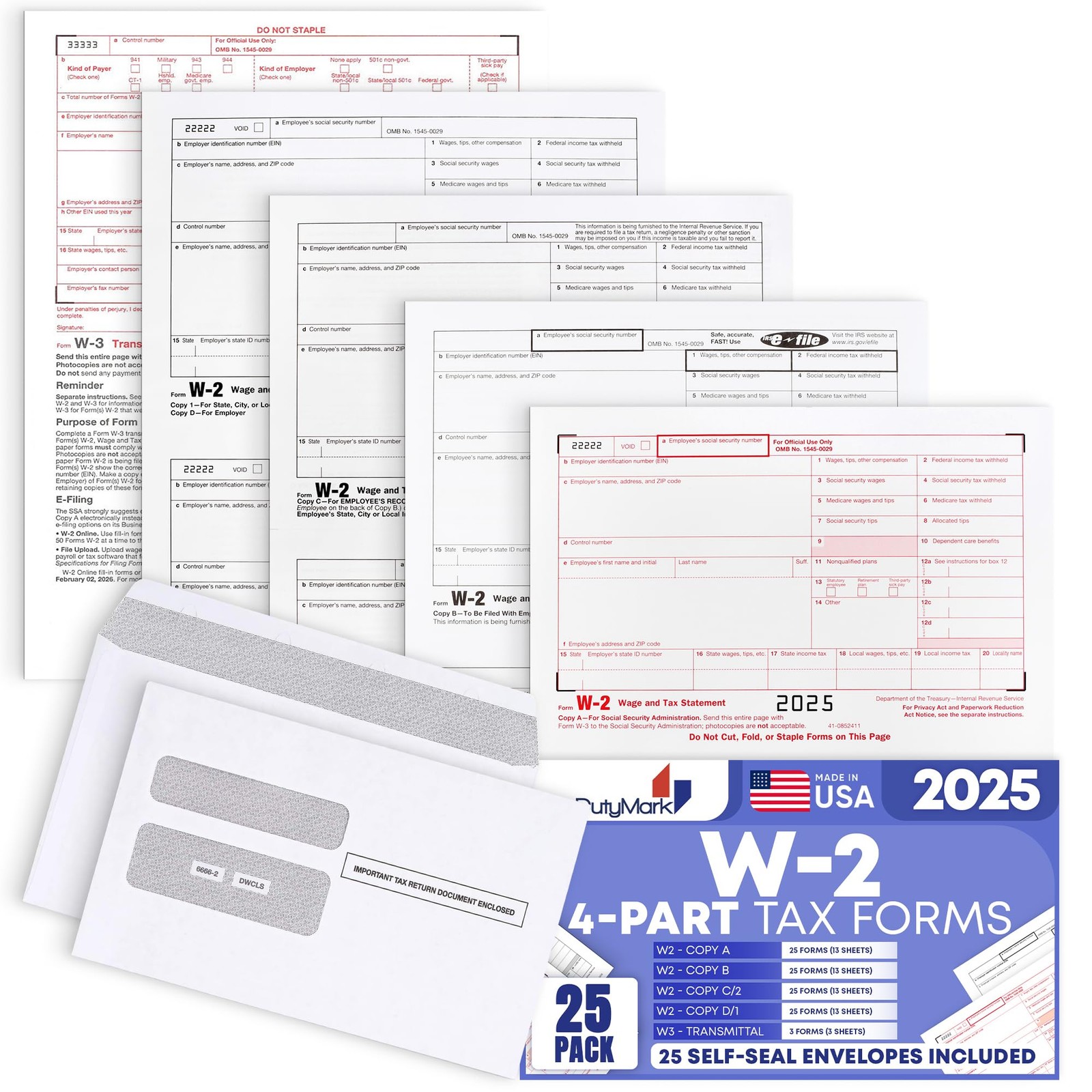 W2 Forms 2025 with Envelopes, 4 Part Kit for 25 Employees 25 With Envelopes
