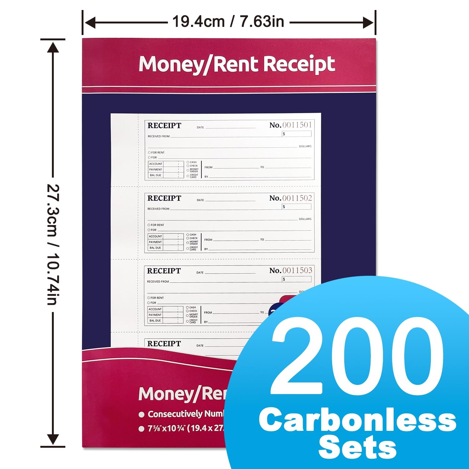 6-Pack Large Cash & Rent Receipt Books, Better Office Products, 2-Part ‎pink
