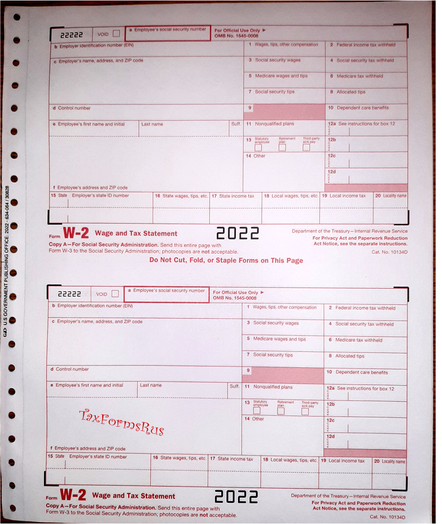 2022 IRS Tax Forms W-2 Wage Stmts 10 employees CARBONLESS 6-pt + (2)W-3 NO Env