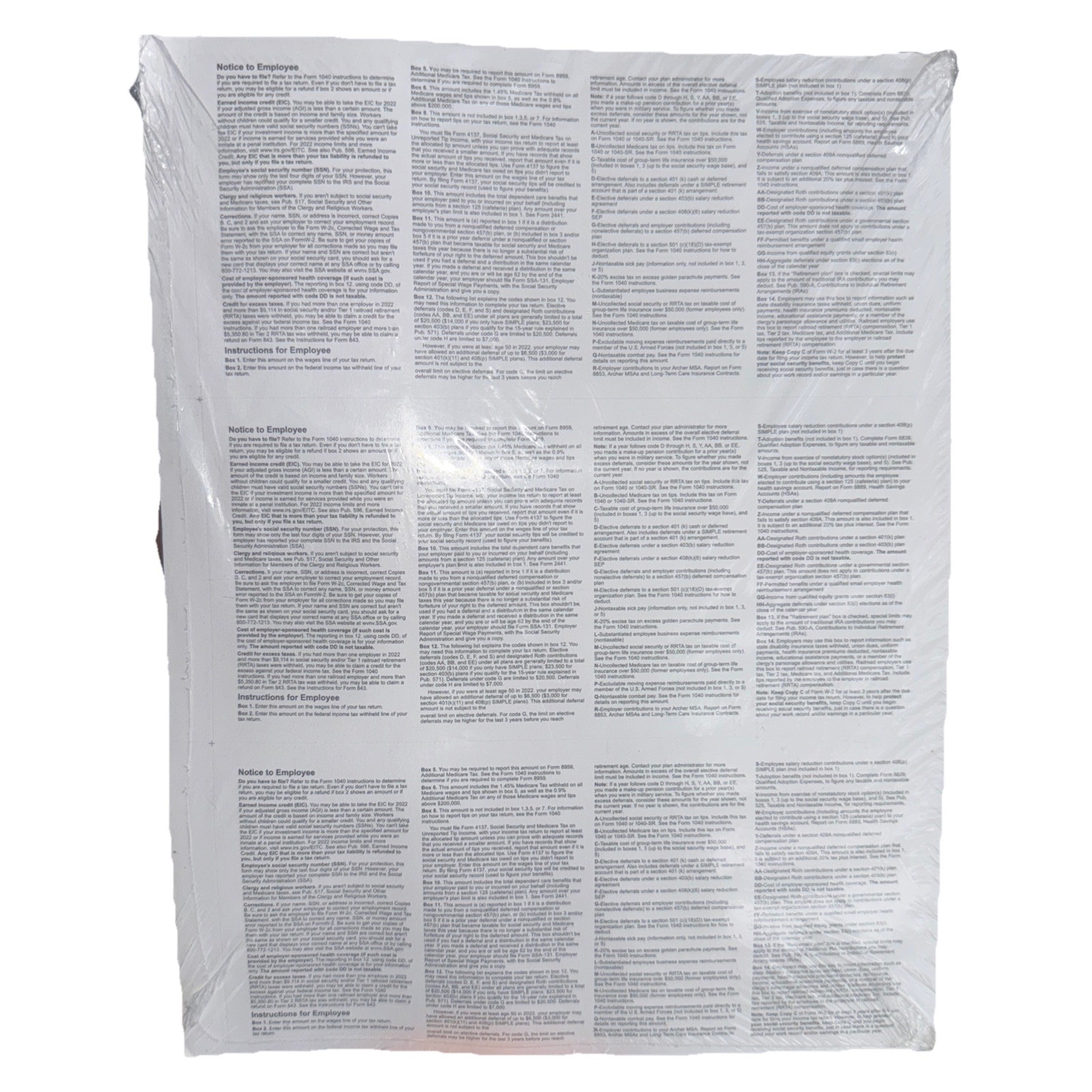 2022 Blank W-2 Forms – 3-Up Employee Copies – Laser/Inkjet – New Sealed Pack 100