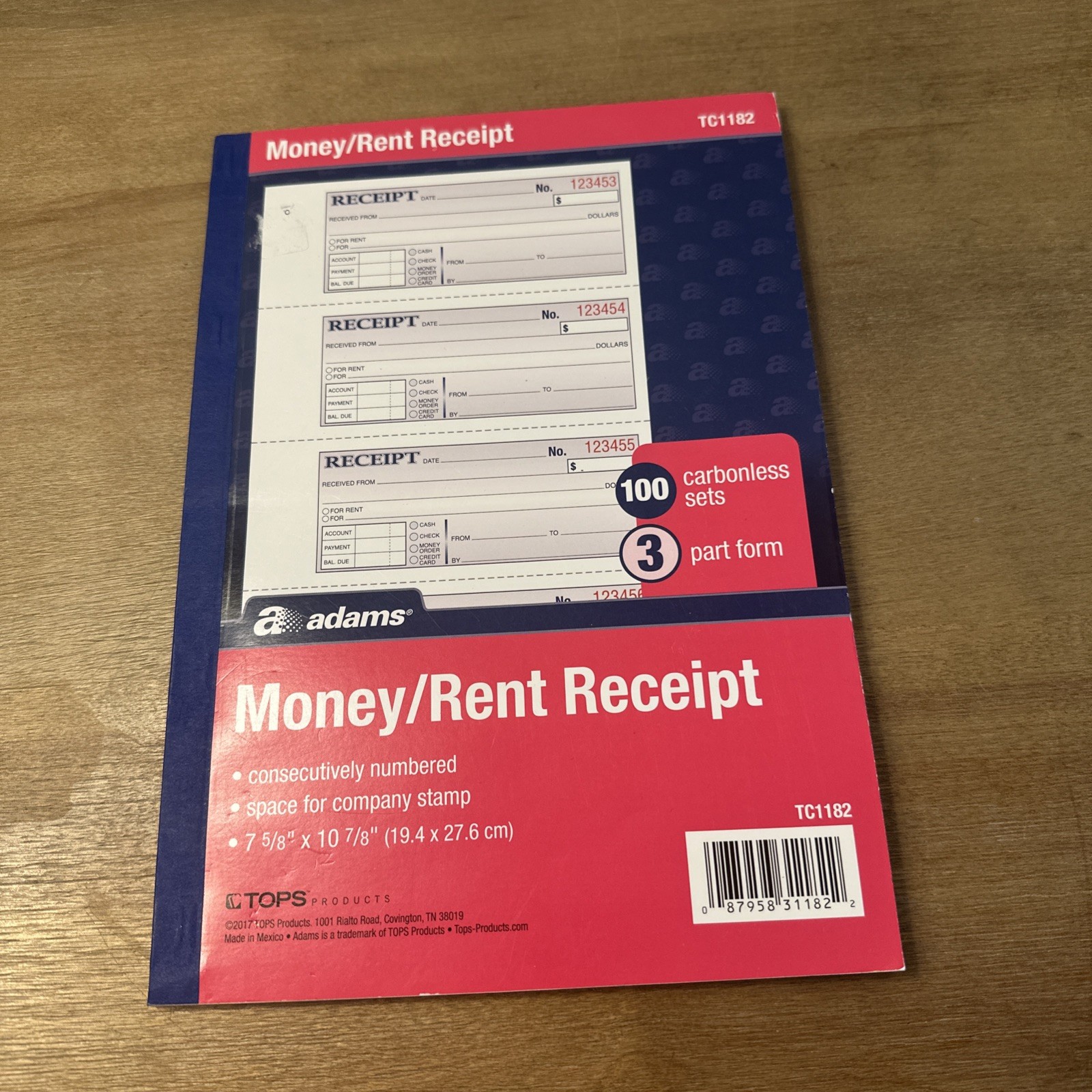 Money and Rent Receipt Book, 3-Part, Carbonless, White/Canary/Pink, 7-5/8″ X 11”