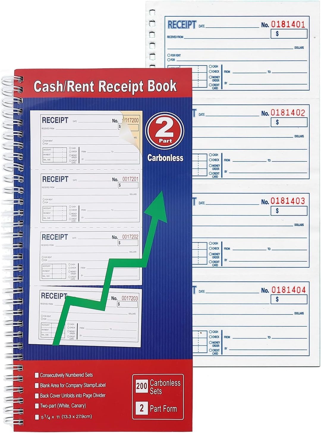 Cash Receipt Book, 200 Sets, 2-Part Carbonless, 5-1/4″ x 11″, Spiral Bound,…