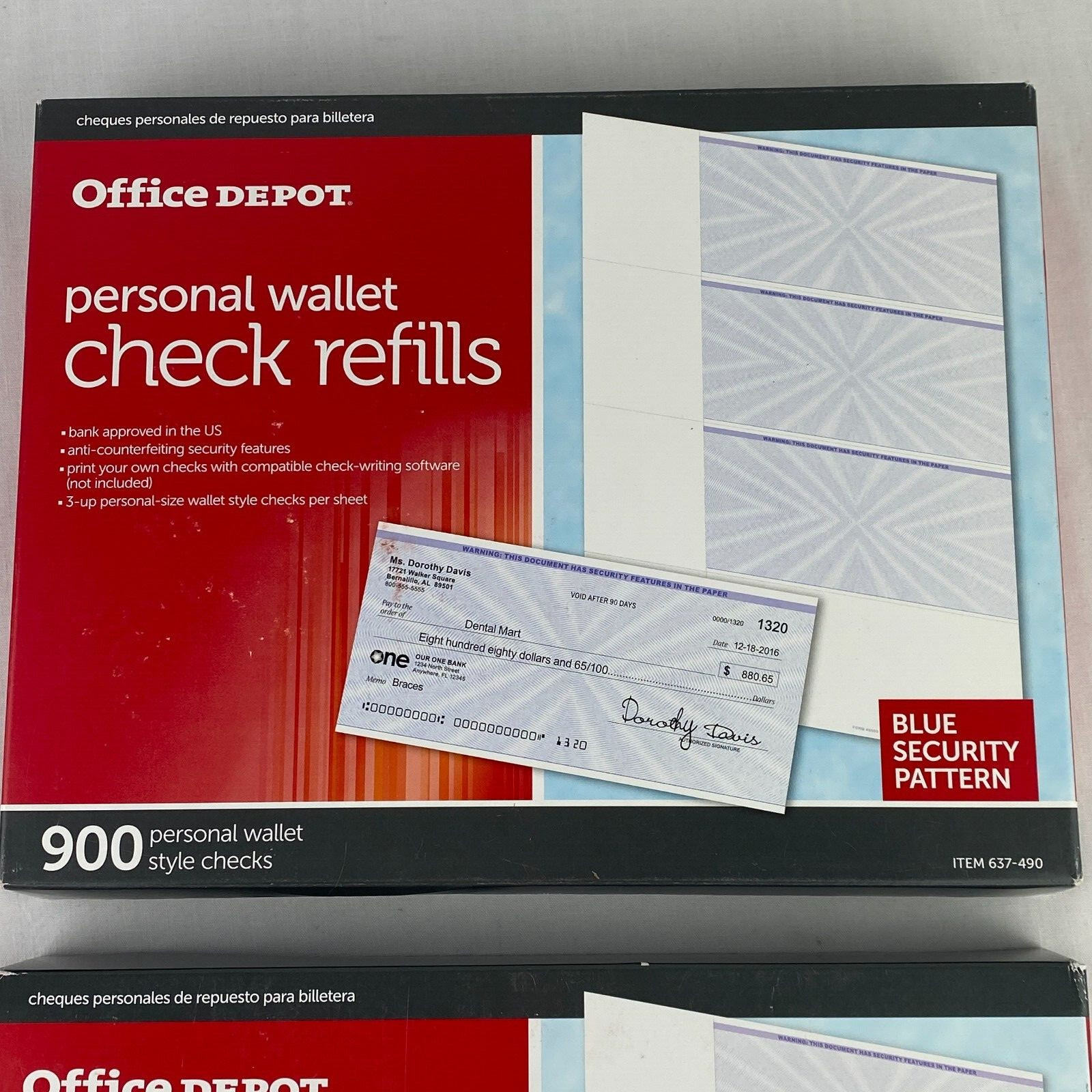 Office Depot Personal Wallet Check Refills 900 Item 637-490 LOT 2 Boxes 2x B19