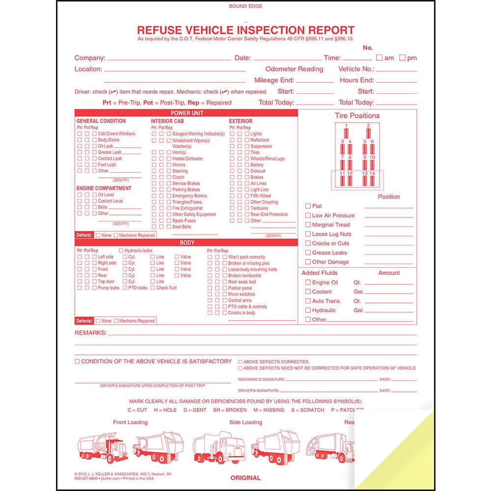 Refuse Truck Driver’s Vehicle Inspection Report 10-pk., 2-Ply Carbonless