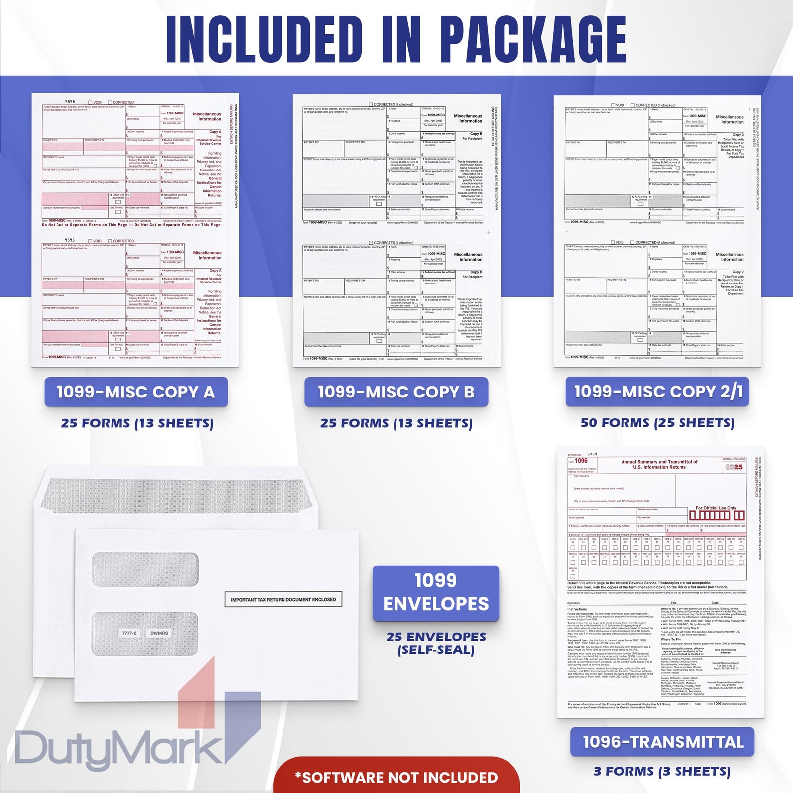 DuryMark 1099 Misc Tax Forms 2025 with Envelopes, 25 Vendor Kit for 4 Part Ta…
