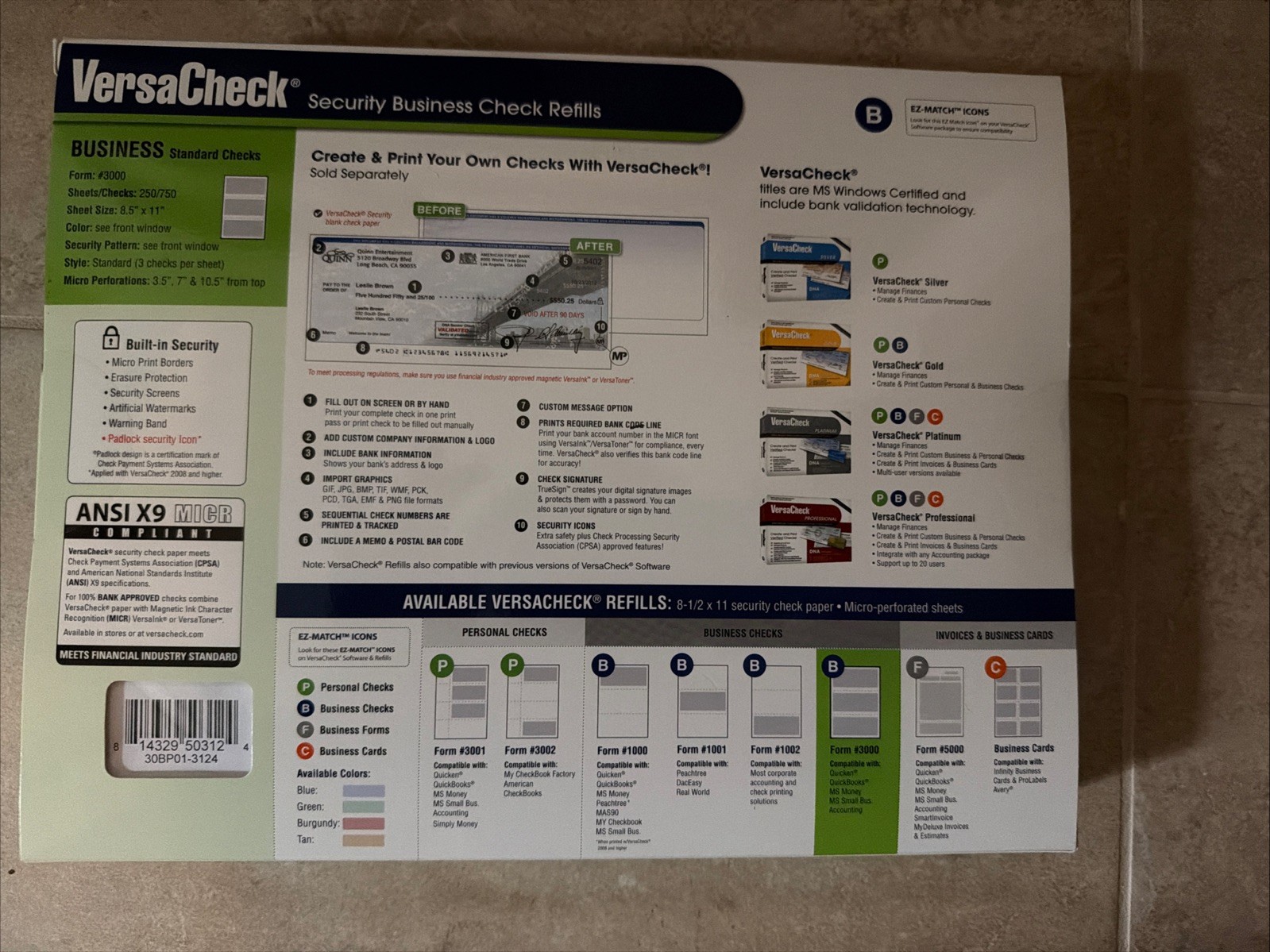 VersaCheck Security Business Check Refills Form #3000 250 Sheets 750 Checks New