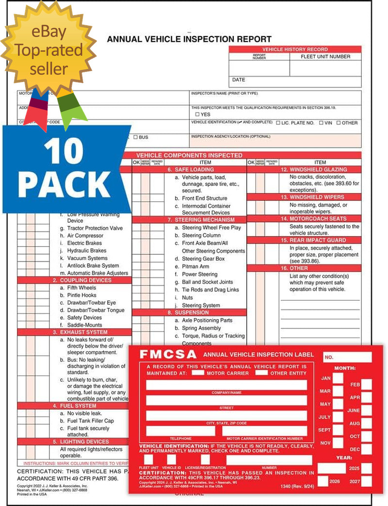 10-Pack Annual Vehicle Inspection Report Form & Red FMCSA Label Aluminum
