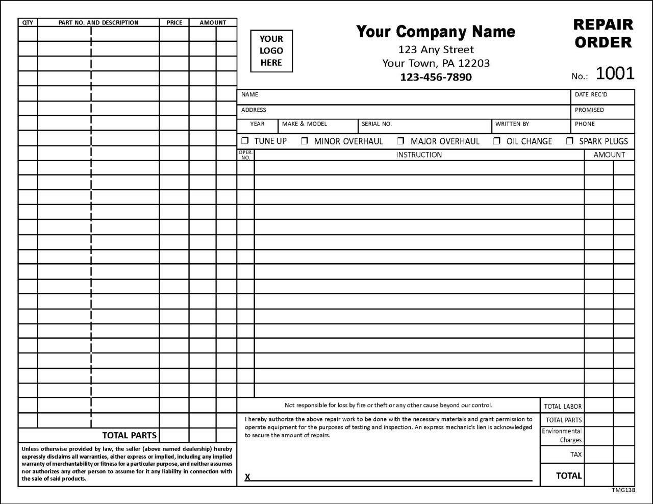Automotive Work Order Invoice Form / 2 Part Carbonless – 8.5 x 11 – TMG138