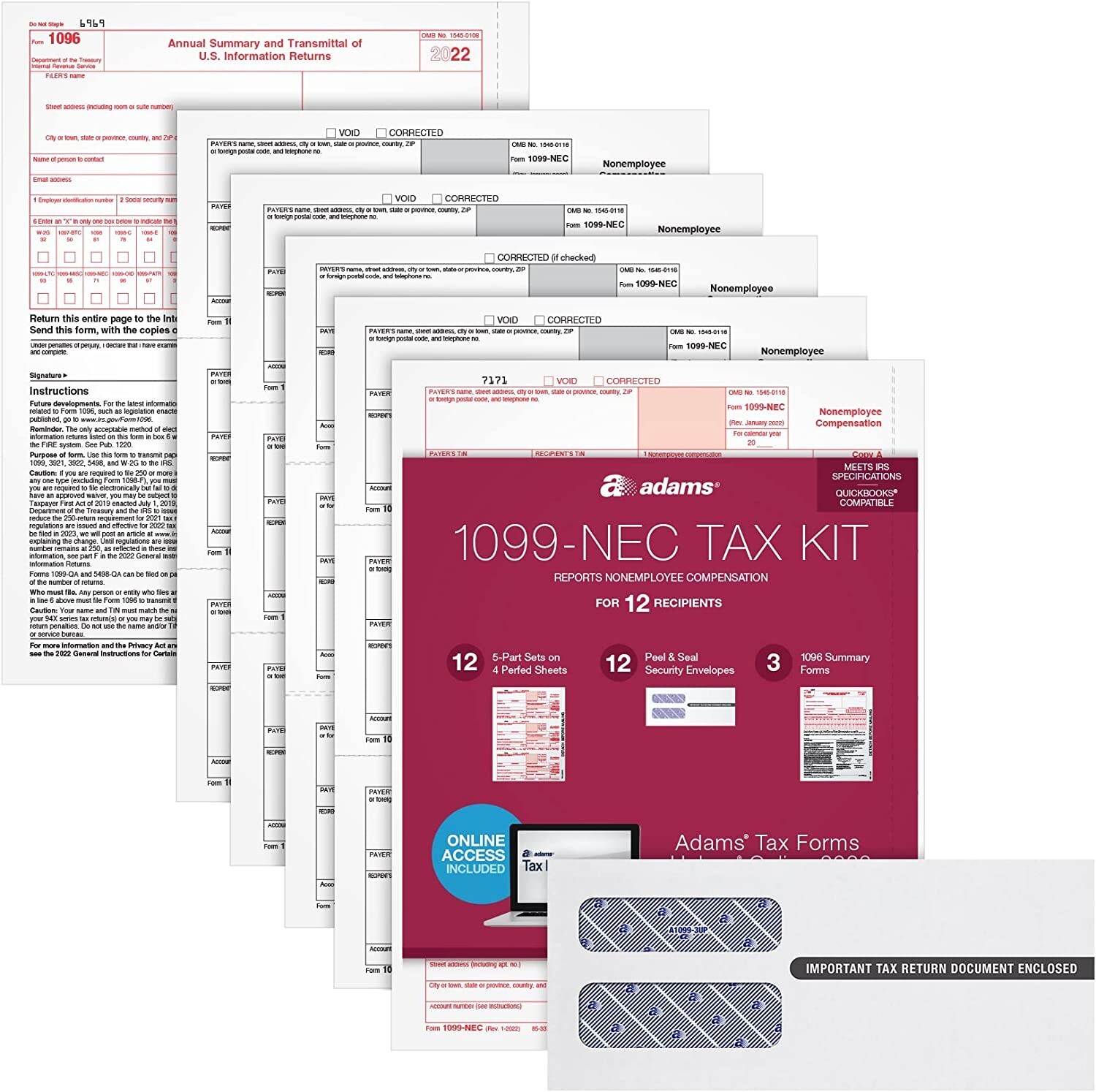 Adams 1099-NEC 2022 Tax Forms Kit + Tax Forms Helper Online, 40 Pack Sealed