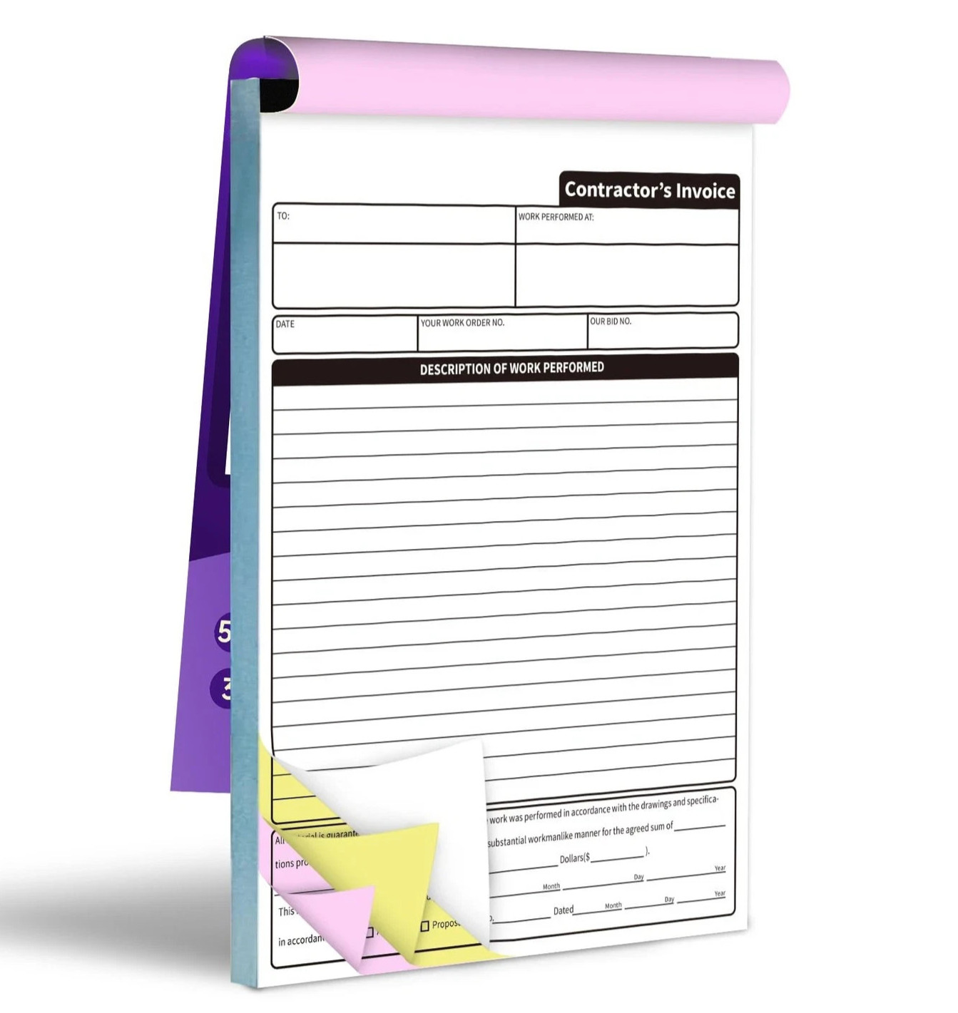 Carbonless Contractor Invoice Receipt 7.3 x 11 inches Estimate Book 3-Part wi…