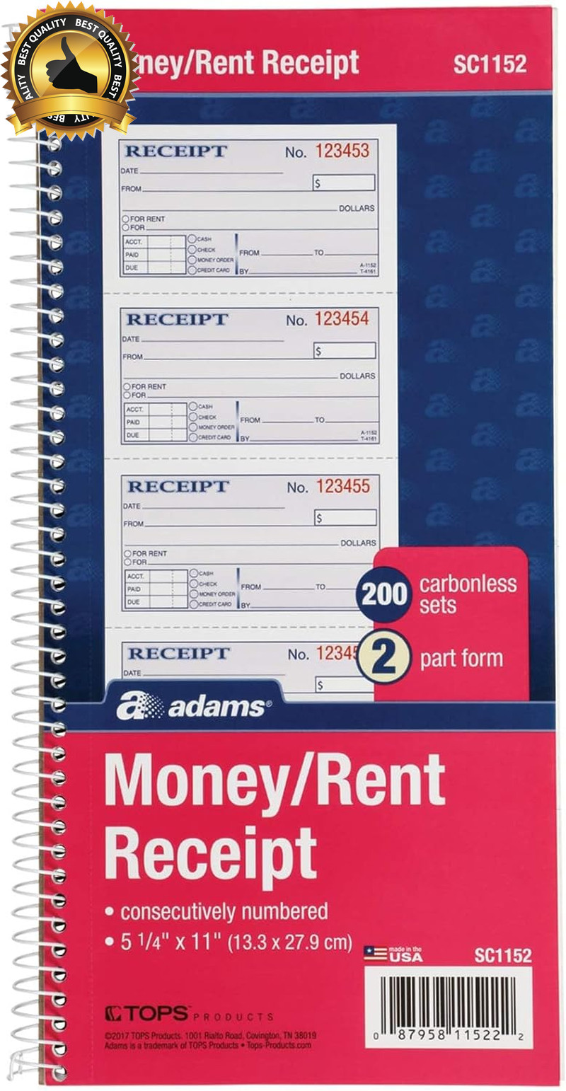 Money and Rent Receipt Book, 2-Part Carbonless, 5-1/4″ X 11″, Spiral Bound, 200