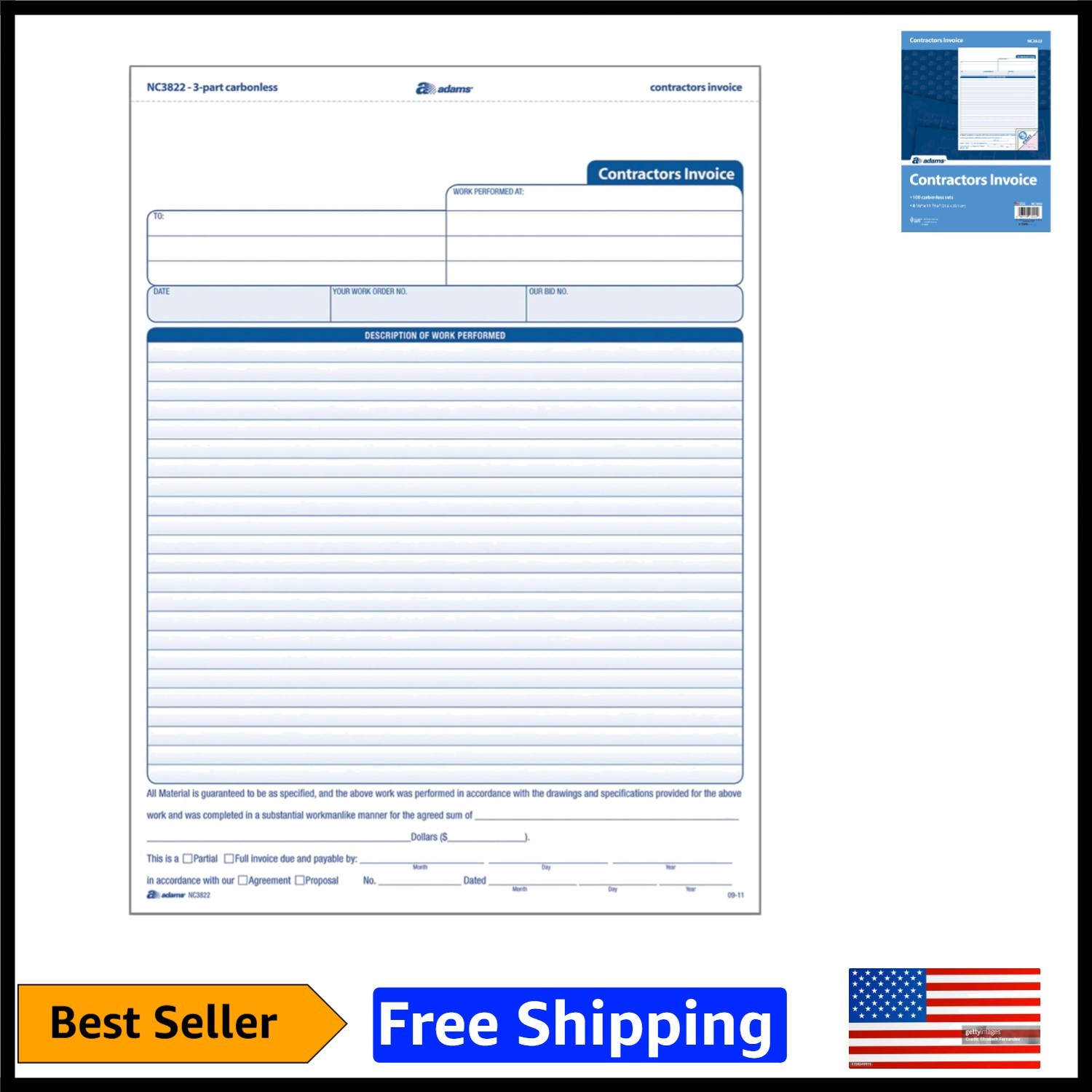 100-Pack 3-Part Carbonless Contractor Invoice Forms – Professional & Organized