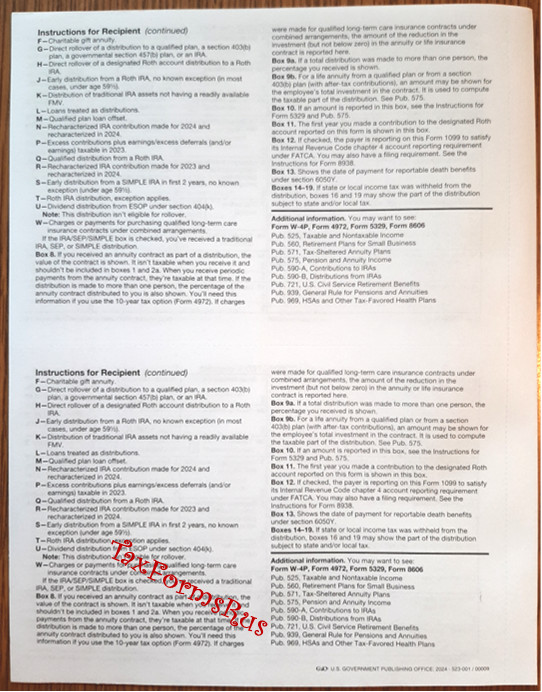 2024 IRS Tax Form 1099-R single sheet set for 2 recipients NONcarbonless 5pt 2up