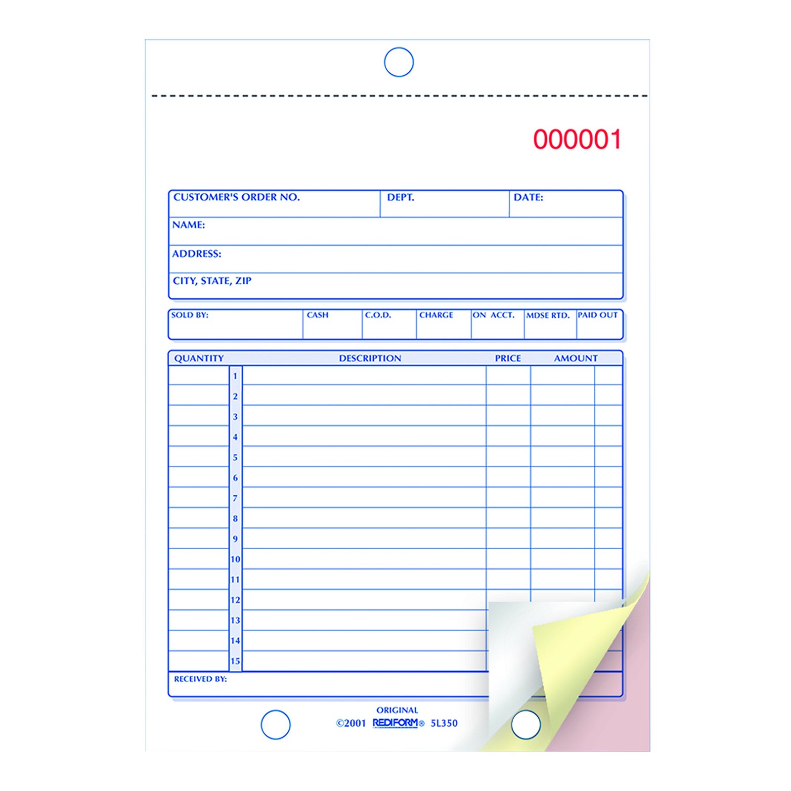 Rediform Sales Order Book, Manifold Cover, Carbonless Triplicate Forms, 5.5″