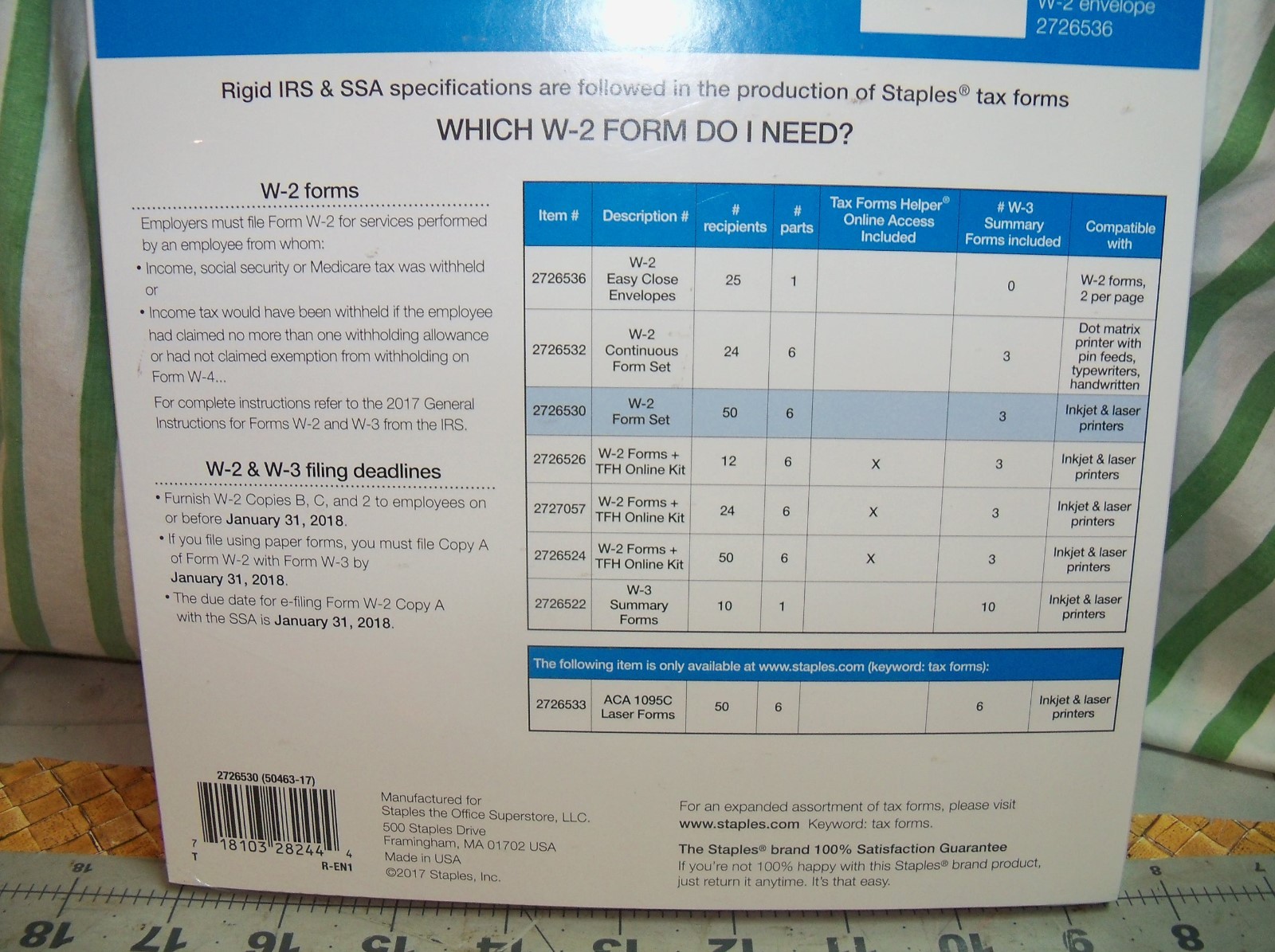 50 Count Pack of Staples 2017 IRS Tax W-2 6-Part Form Sets Brand New PC / Mac W2