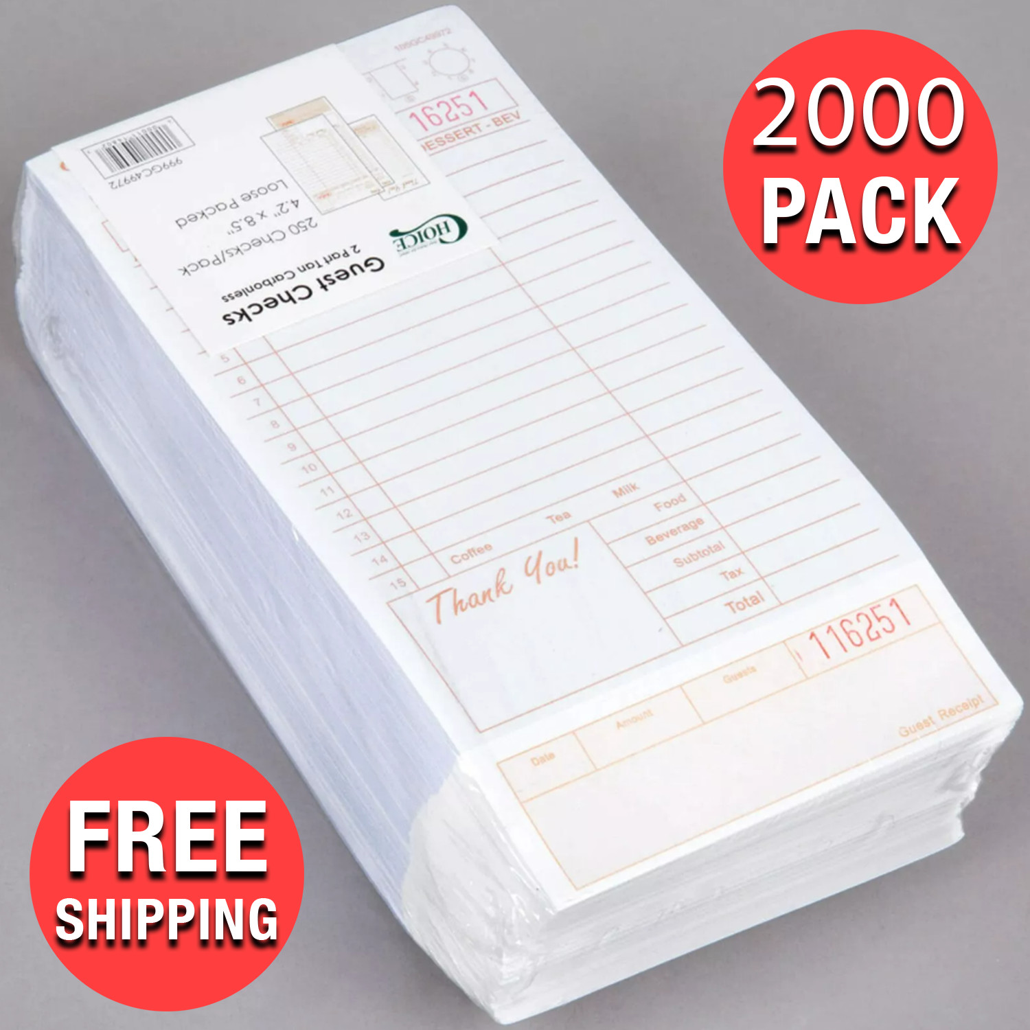 2 Part Tan and White Carbonless Guest Checks w/ Bottom Guest Receipt – 2000/Pack
