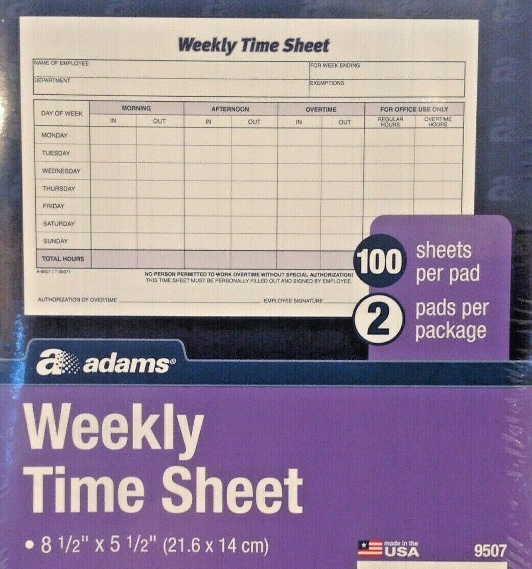 Adams Weekly Time Sheets 9507ABF 5.5″ x 8.5″ Blue/White 2 Pads of 100 Sheets NEW