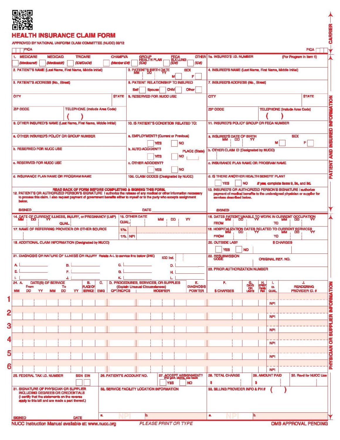 CMS / HCFA 1500 Health Insurance Claim Forms, 25 Sheets, 02/12 Version
