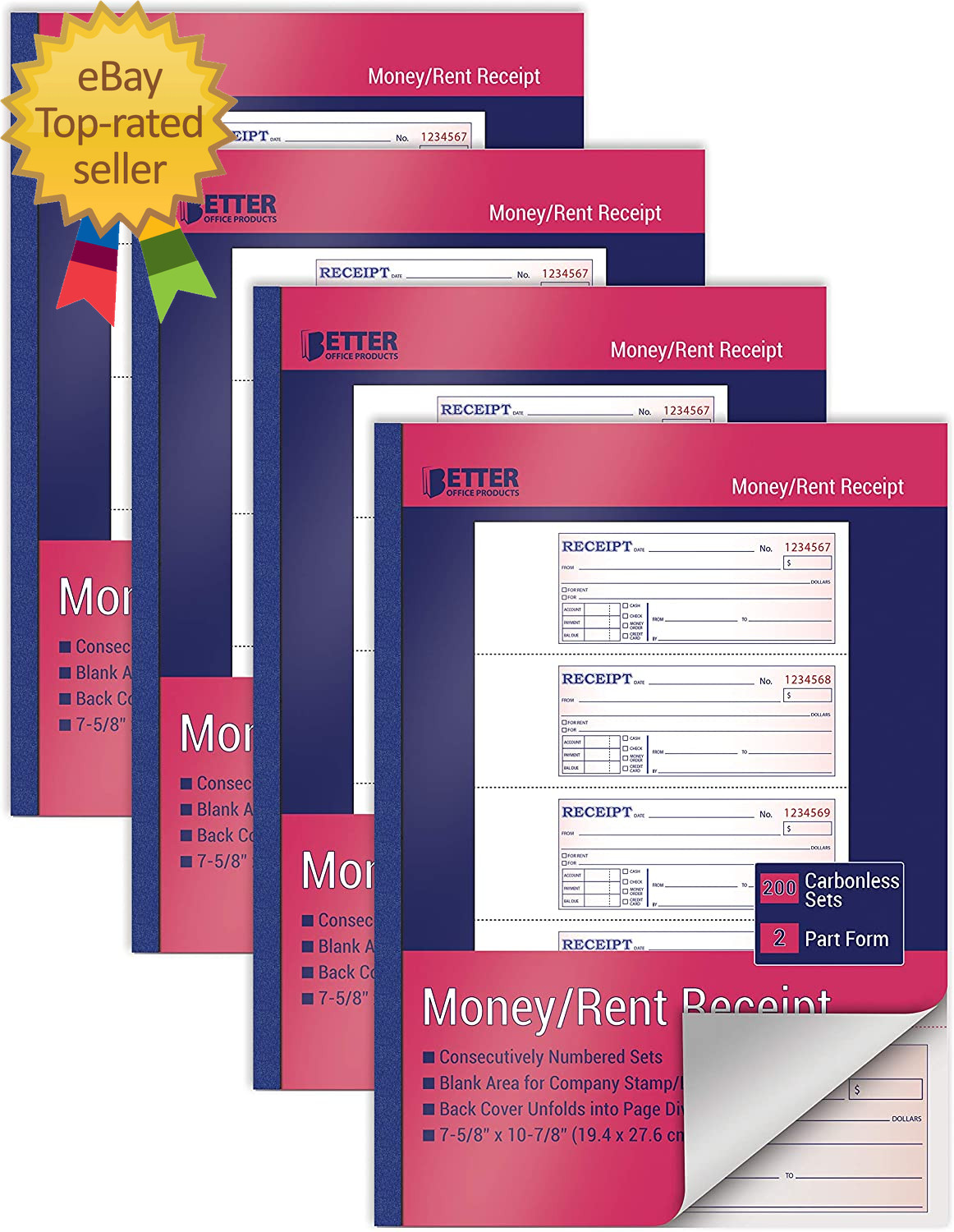Cash Money and Rent Receipt Books 4 Pack Large Size 2-Part Carbonless