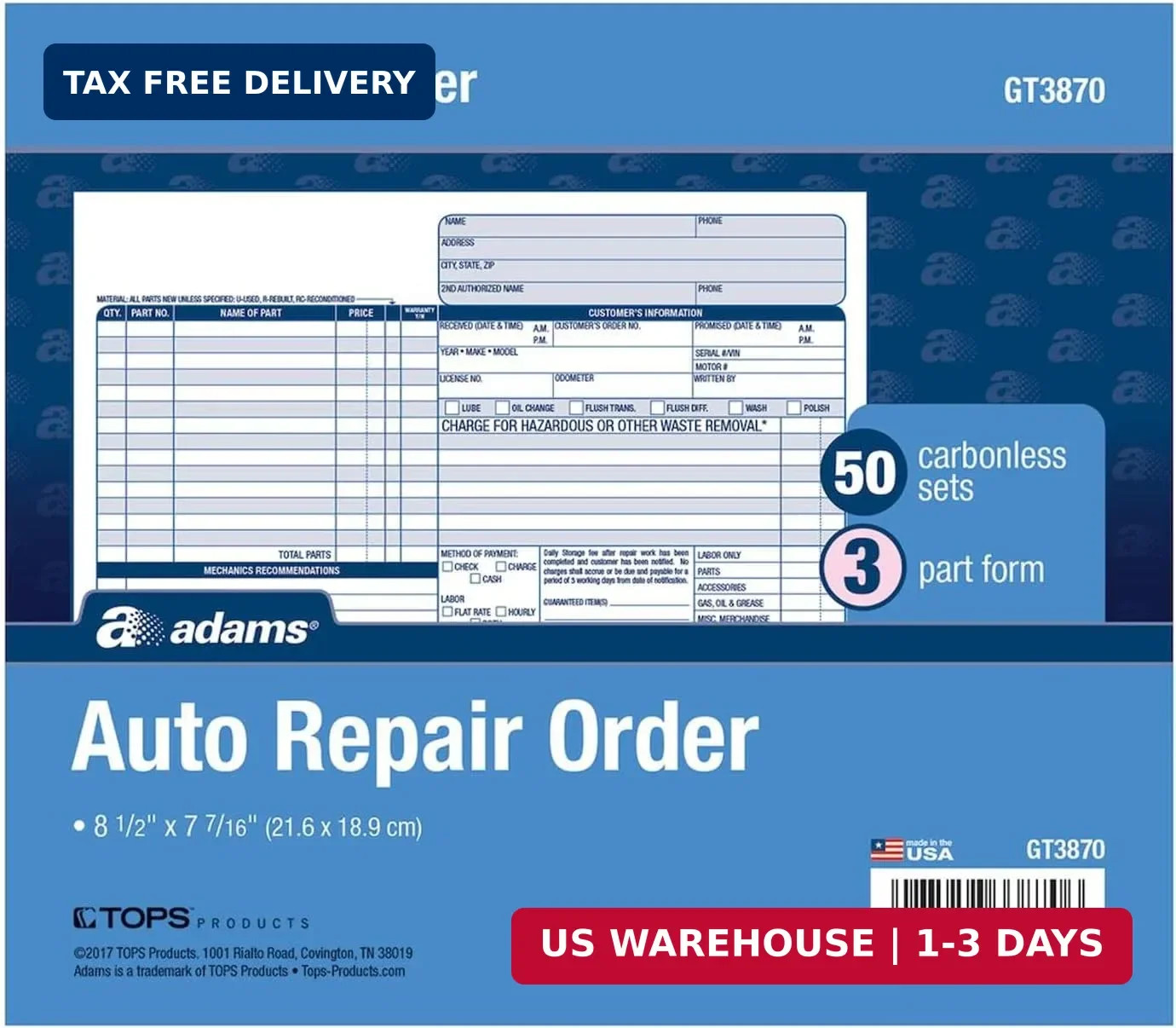 Adams Auto Repair Order Forms, 8.5 X 7.44, 3-Part, Carbonless, 50-Pack (GT3870)