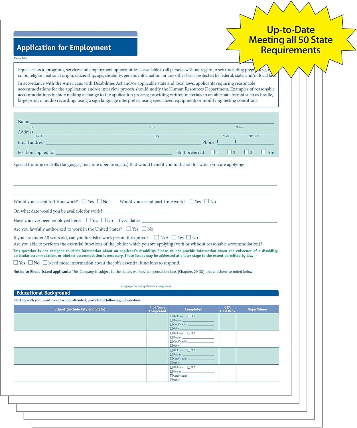 50 State Compliant Job Application | Short Form | 8 ½”x11 |