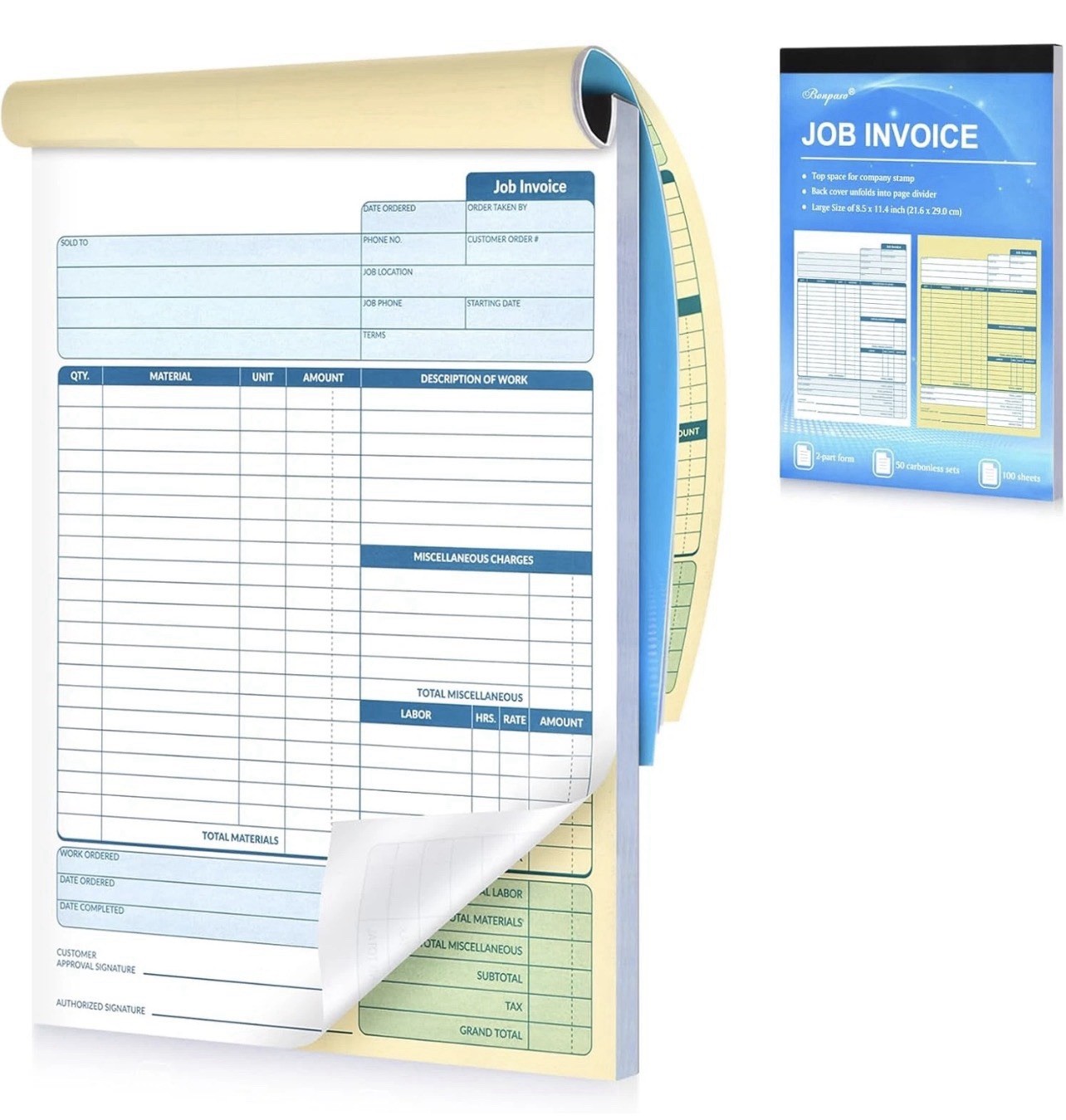 Large Job Work Order Forms, Job Invoice Forms/Receipt Book with Carbonless Copie