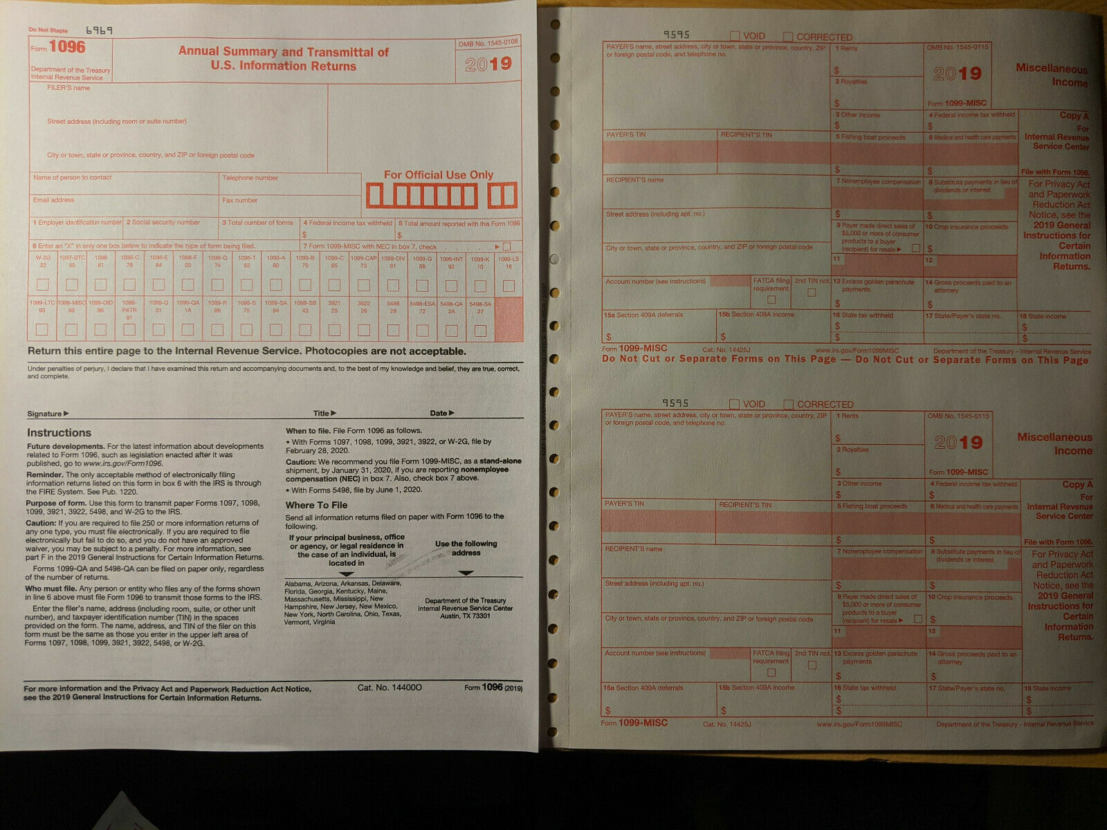 Year 2019 IRS Tax Forms 14) 1099-MISC Miscellaneous Income & 3) 1096 Transmittal