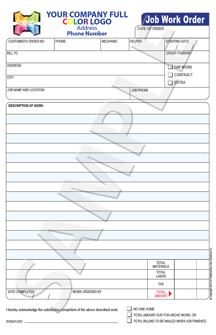 100 Color Carbonless Customized Job Repair Work Order Report Form Work Order