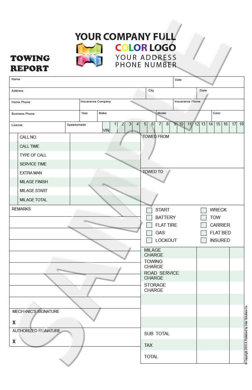 250 Color Custom Carbonless Towing Register Report Form / Invoice