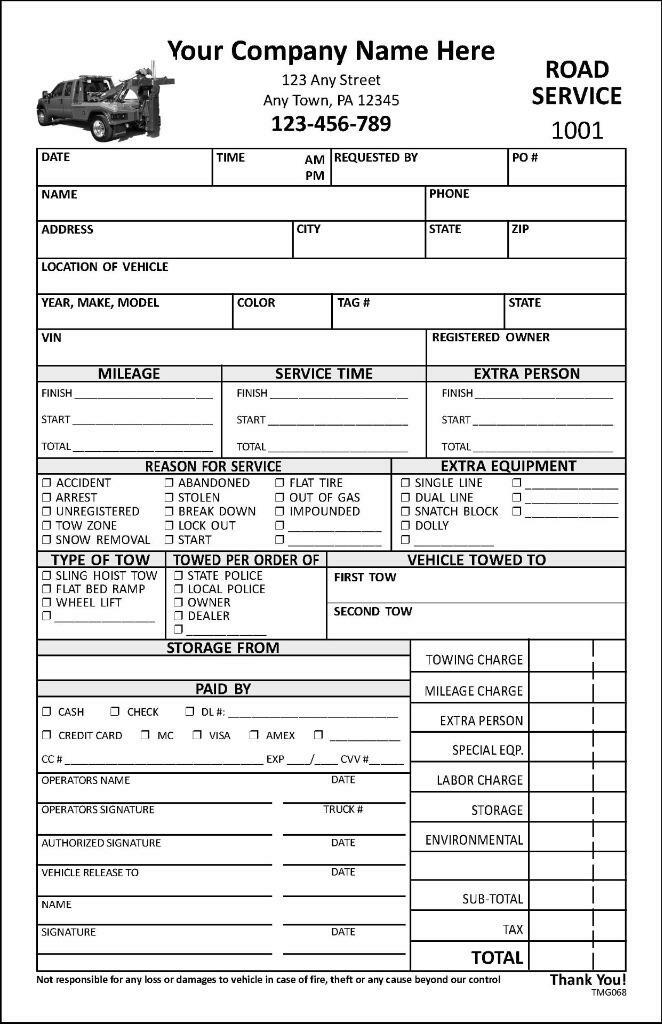 Custom Wrecker Towing Road Service Forms / 5.5 X 8.5 / 2 or 3 Part / TMG068