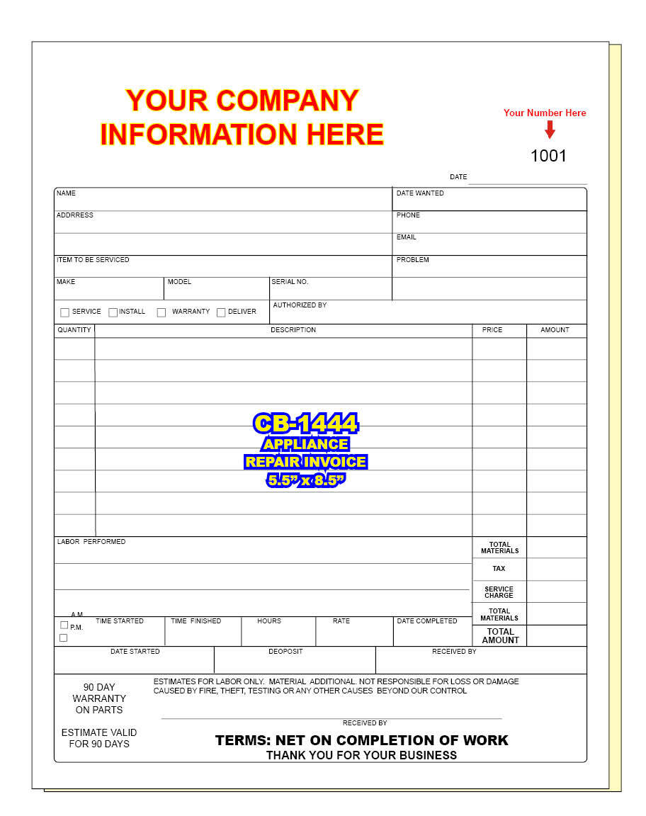 APPLIANCE REPAIR & INSTALLATION INVOICE 2 or 3 Part Carbonless