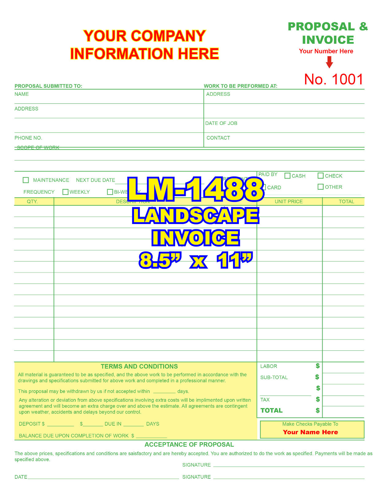 LANDSCAPE INVOICE CUSTOM PRINTED 2 or 3 Part Carbonless