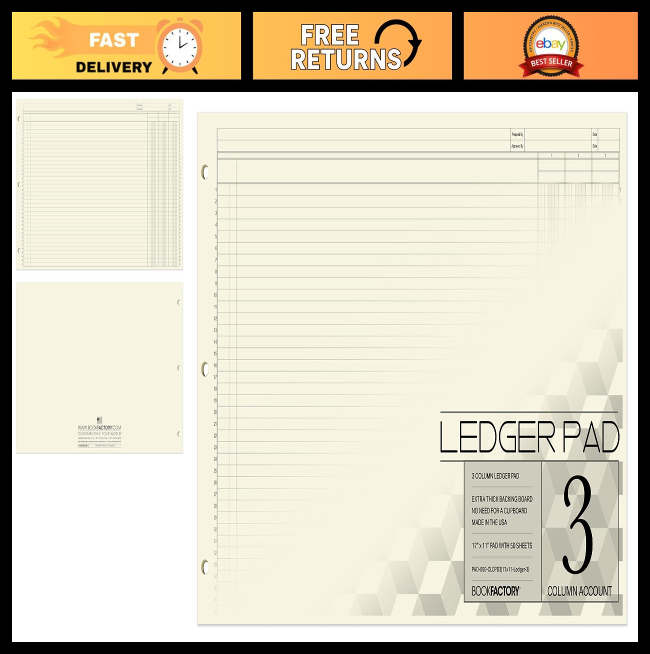 Large 3-Column Accounting Ledger Pad – 17″x11″, 50 Pages, Landscape Format
