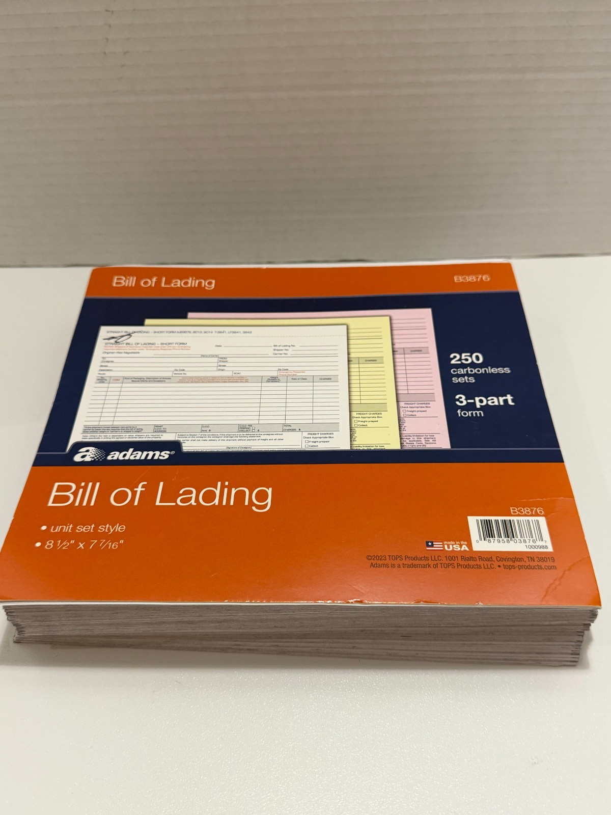 Adams Bill of Lading Short Form, 8-1/2 x 7-7/16 Inches, White, 3-Part, 165-Count