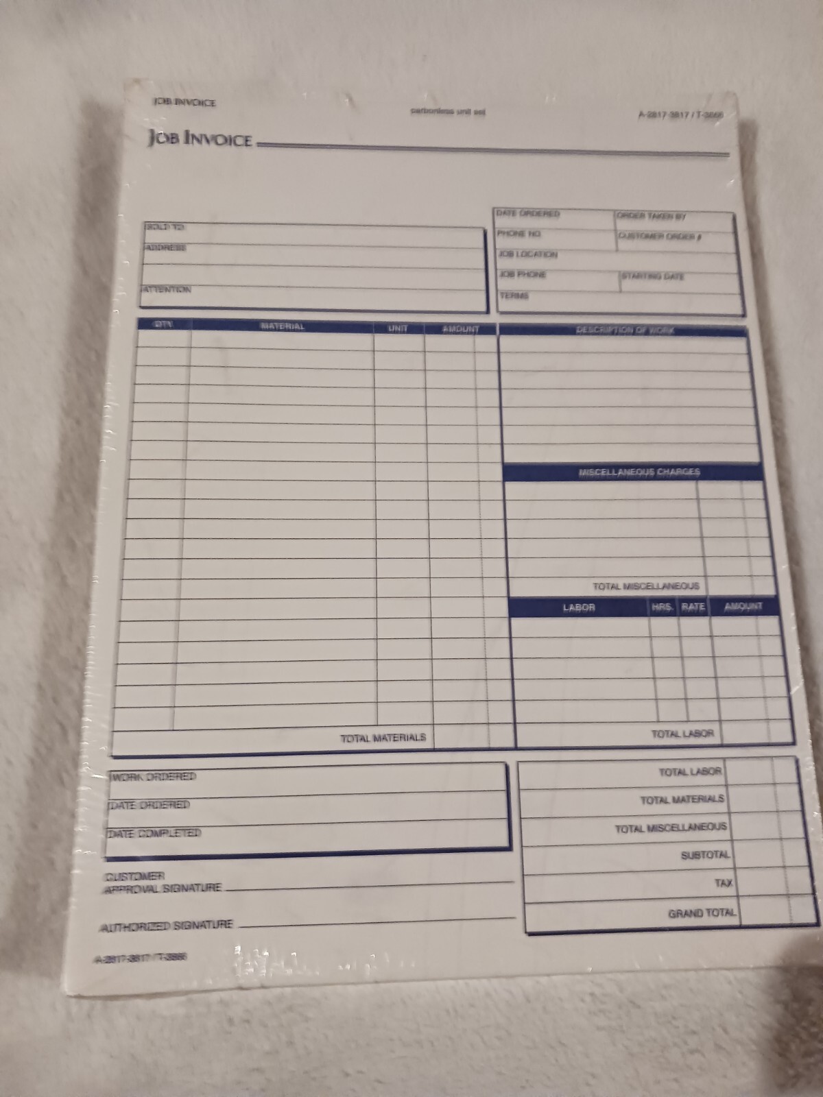 Adams NC2817 Carbonless Job Invoice 2-Part Corbels 100 St./BK