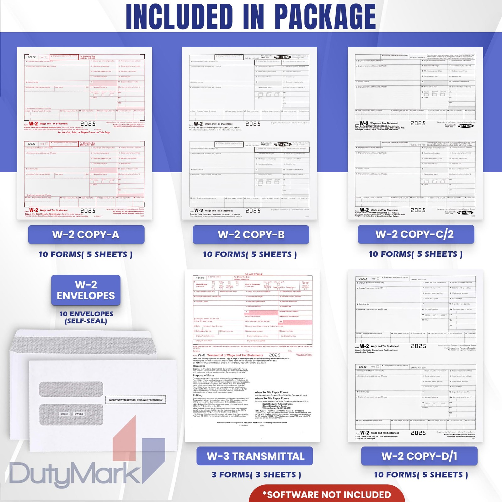 W2 Tax Forms 2025 with Envelopes, 4 Part Kit of Laser 10 With Envelopes