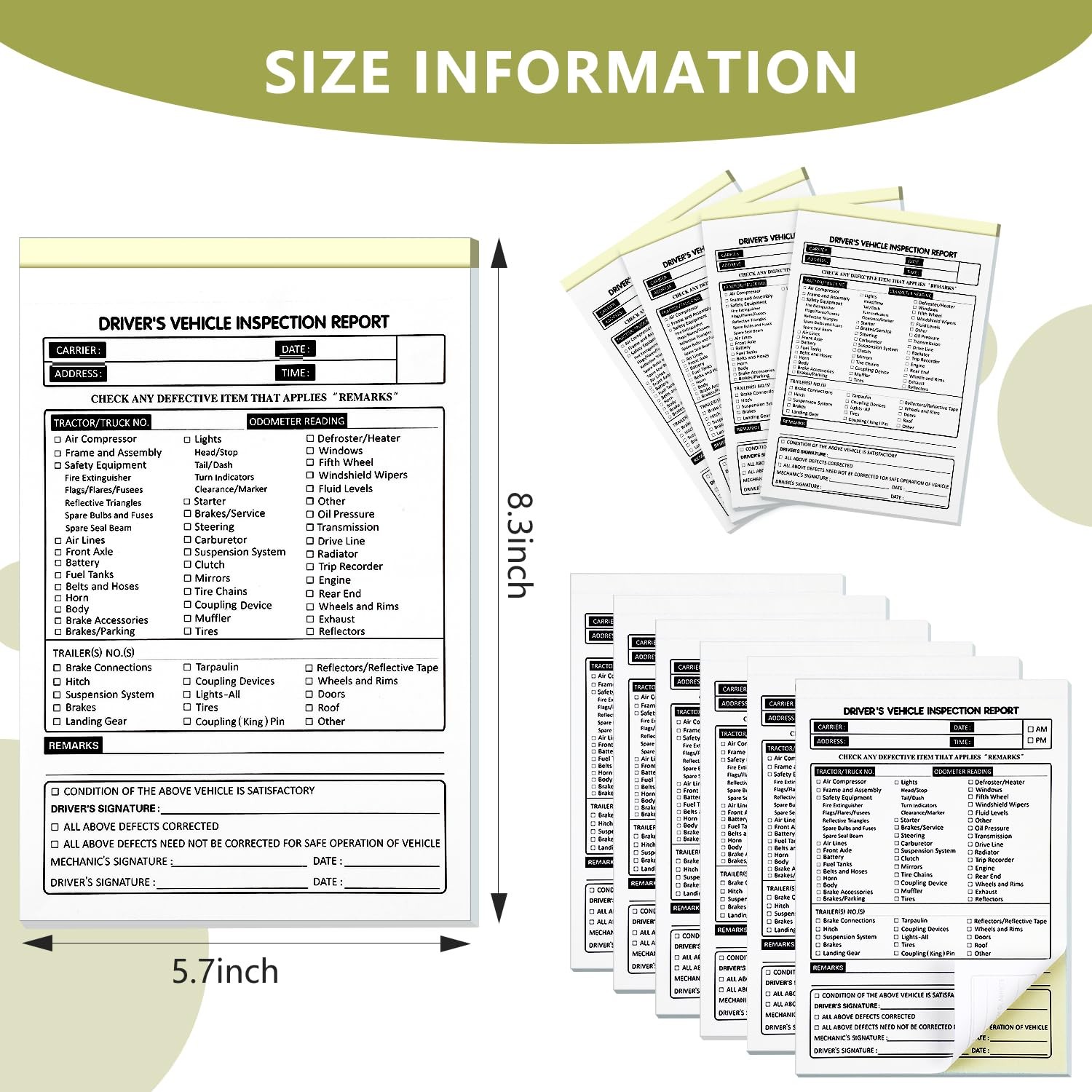 6 Pack Detailed Driver’s Daily Vehicle Inspection Report 300 Sets 5.5″ x 8.5″…
