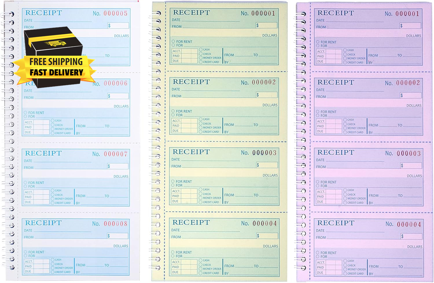 Receipt Books with Carbon Copies,Money and Rent Receipt Book,3-Part Carbonless,5