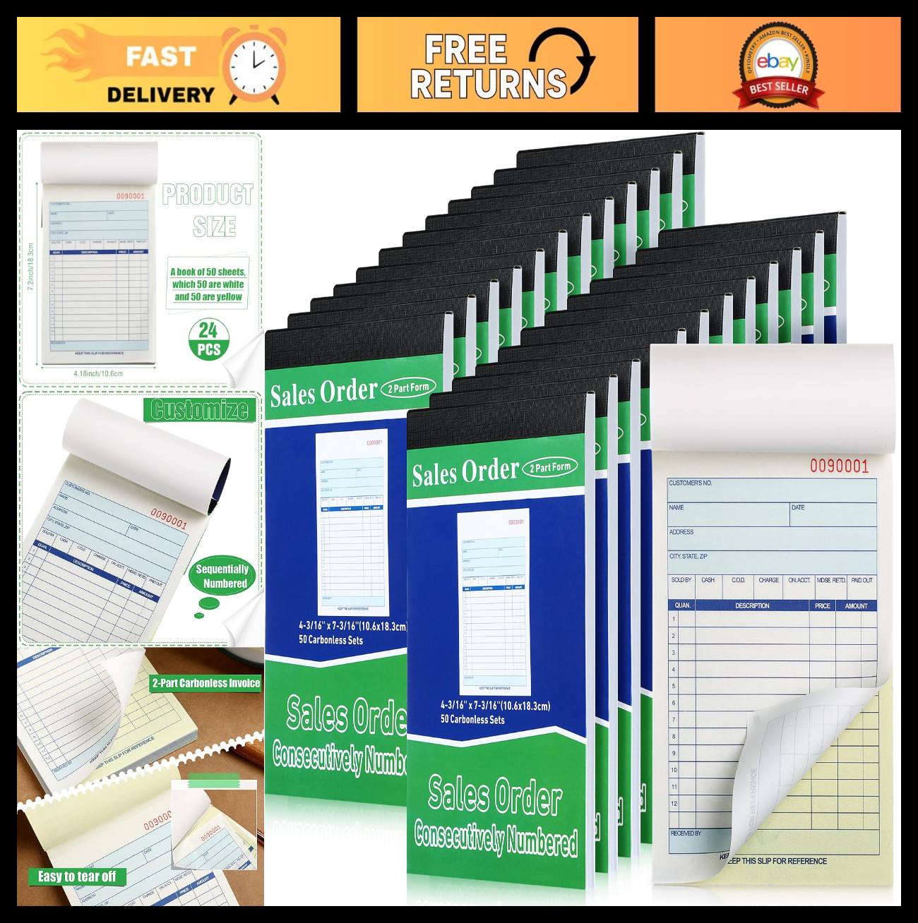 24 Carbonless Sales Order Books – 2 Part Receipt Forms, 50 Sets, White/Yellow