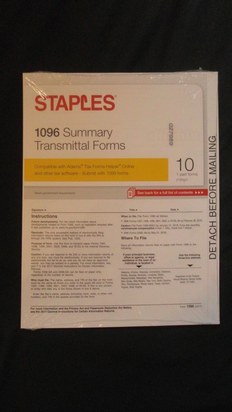 10 Count Pack Of Staples 2017 IRS 1096 Summary Transmittal Forms 1-Part Forms
