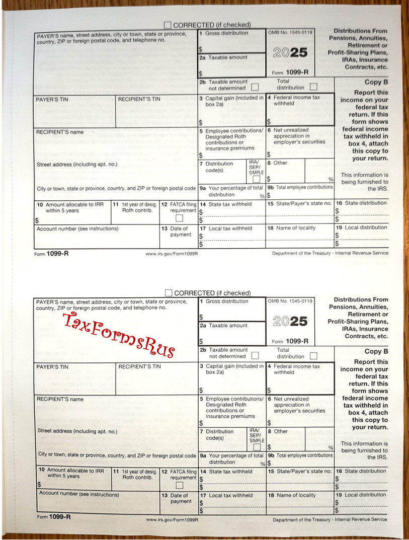2025 IRS Tax Form 1099-R single sheet set for 2 recipients NONcarbonless 5pt 2up